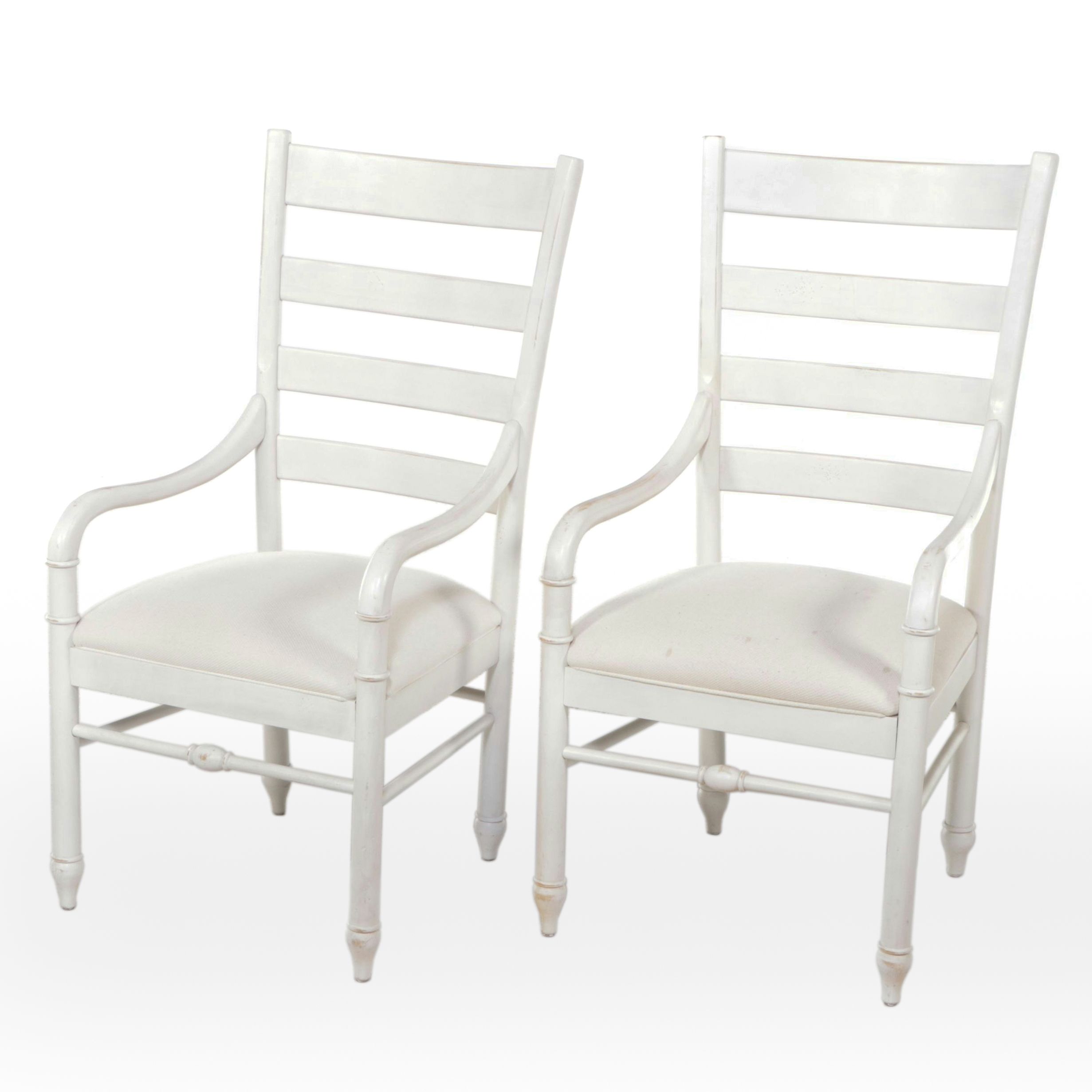 Pair of American Drew White-Painted Wood Ladder-Back Armchairs