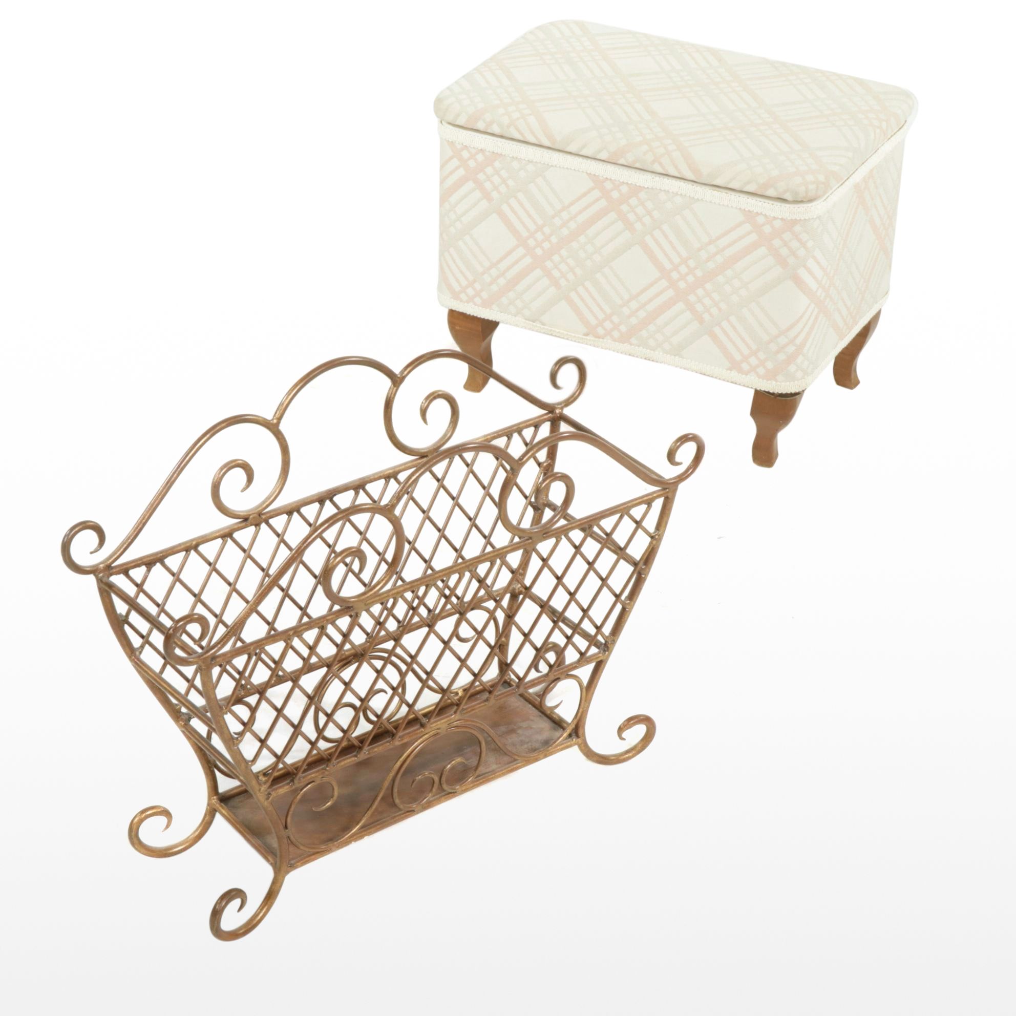 Storage Footstool and Wrought Iron Magazine Rack