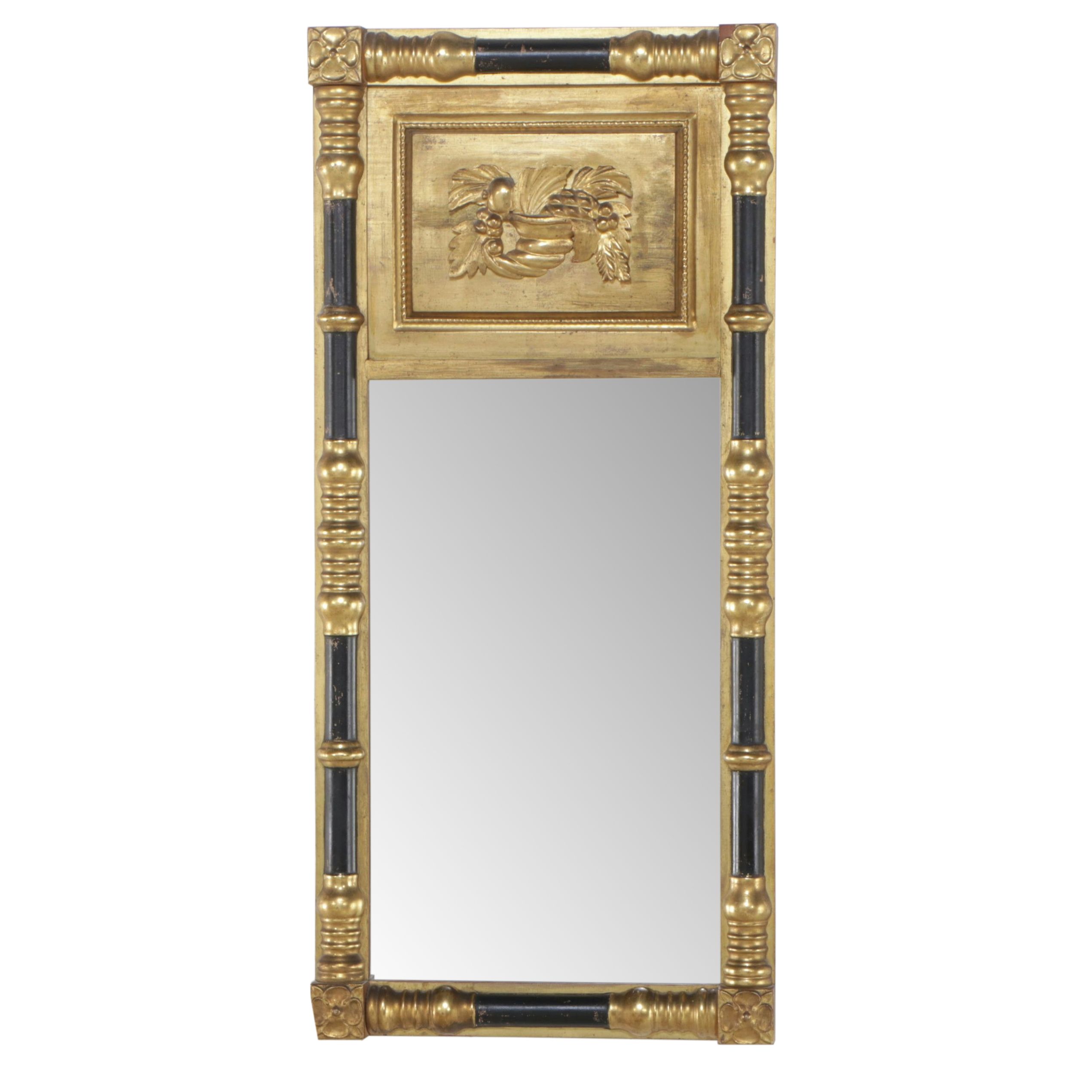 American Empire Style Ebonized and Giltwood Trumeau Mirror, Mid to Late 19th C.