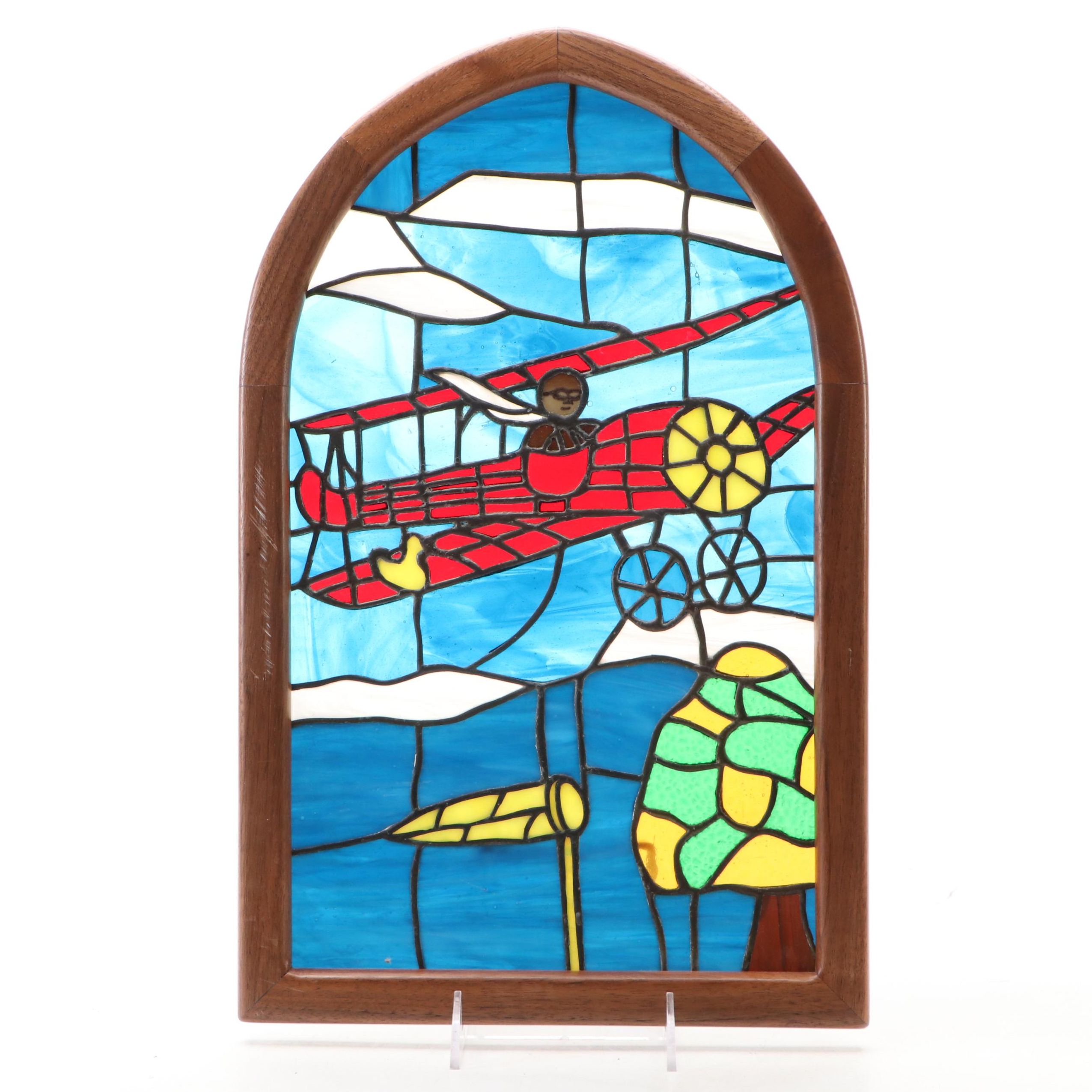 Wooden Framed Airplane Stained Glass Window Panel, Mid to Late 20th Century