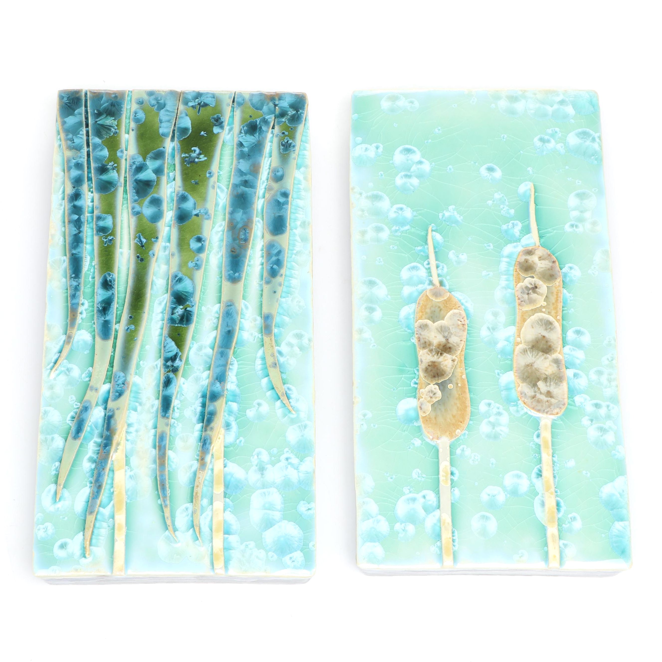 Egenolf Ceramics Blue Glaze Grass and Cattail Decorative Tiles