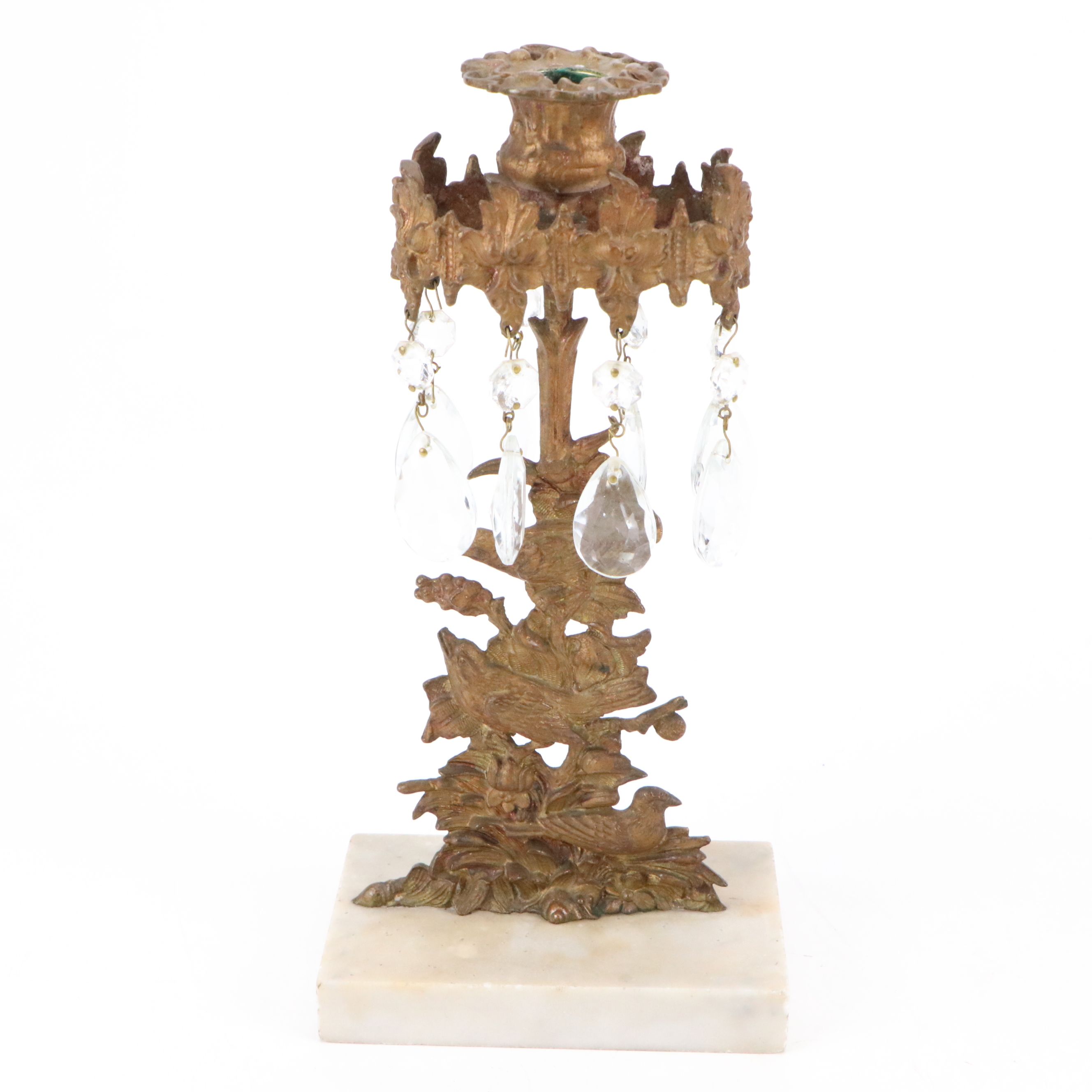 Rococo Revival Brass and Marble Base Candlesticks with Glass Pendalogues