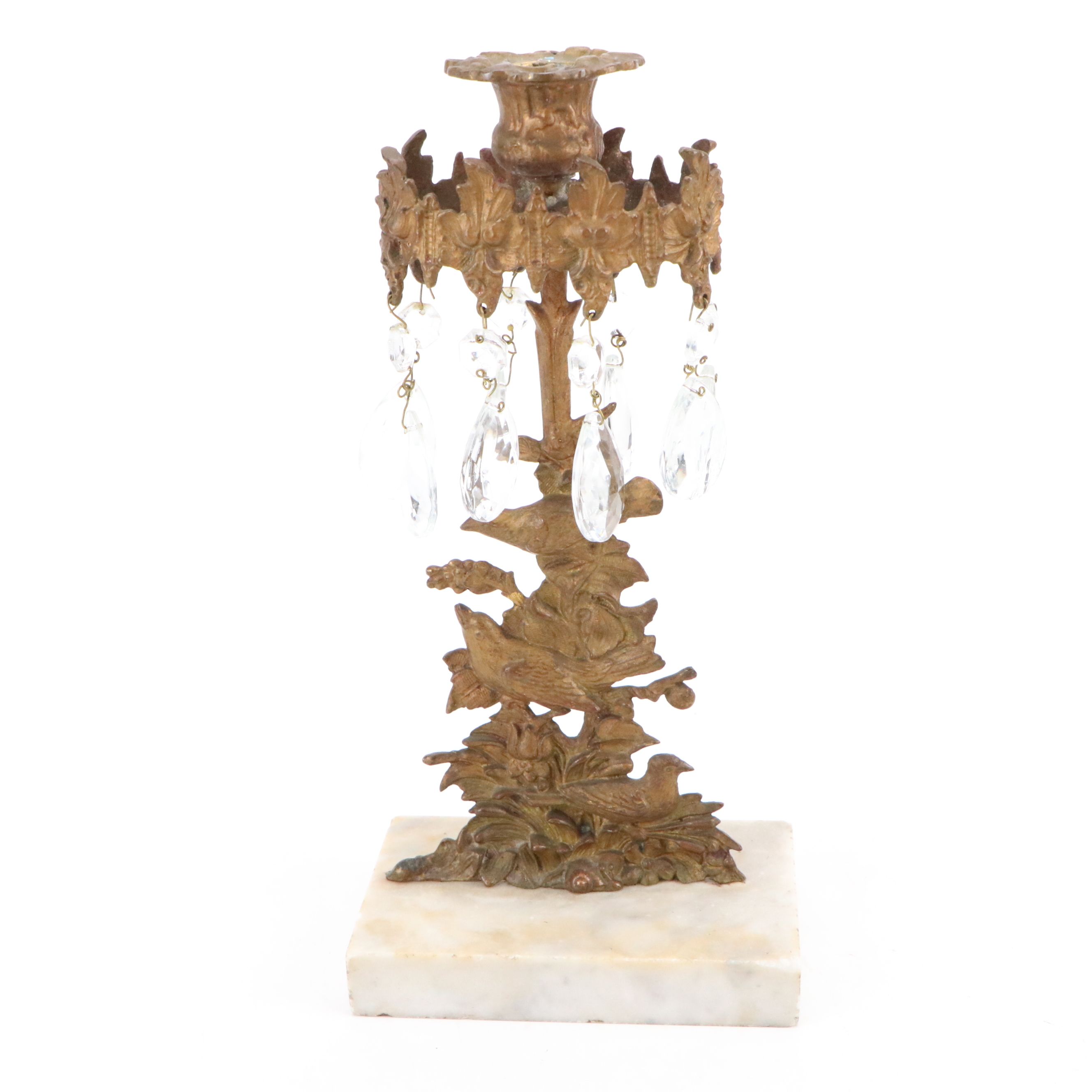 Rococo Revival Brass and Marble Base Candlesticks with Glass Pendalogues