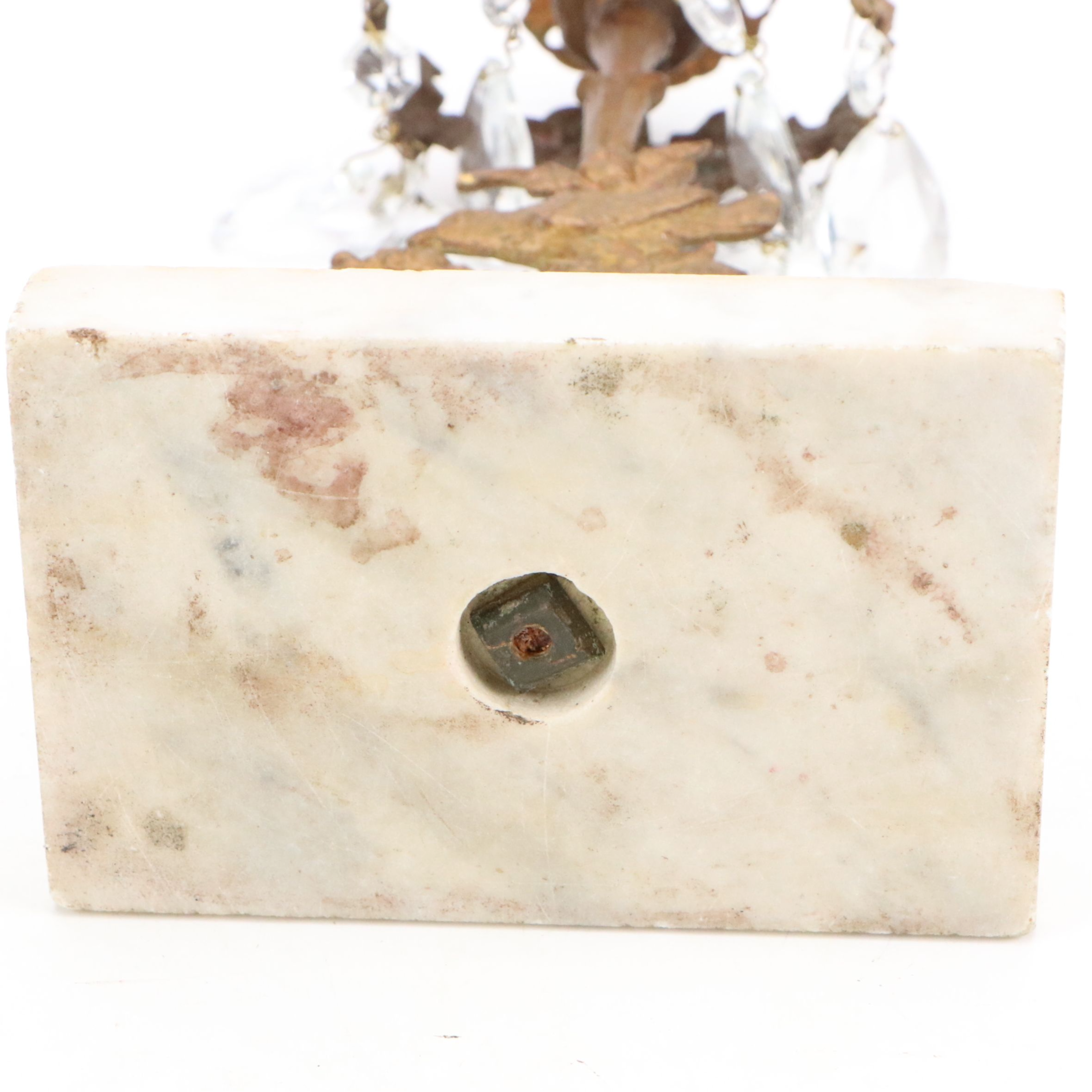 Rococo Revival Brass and Marble Base Candlesticks with Glass Pendalogues