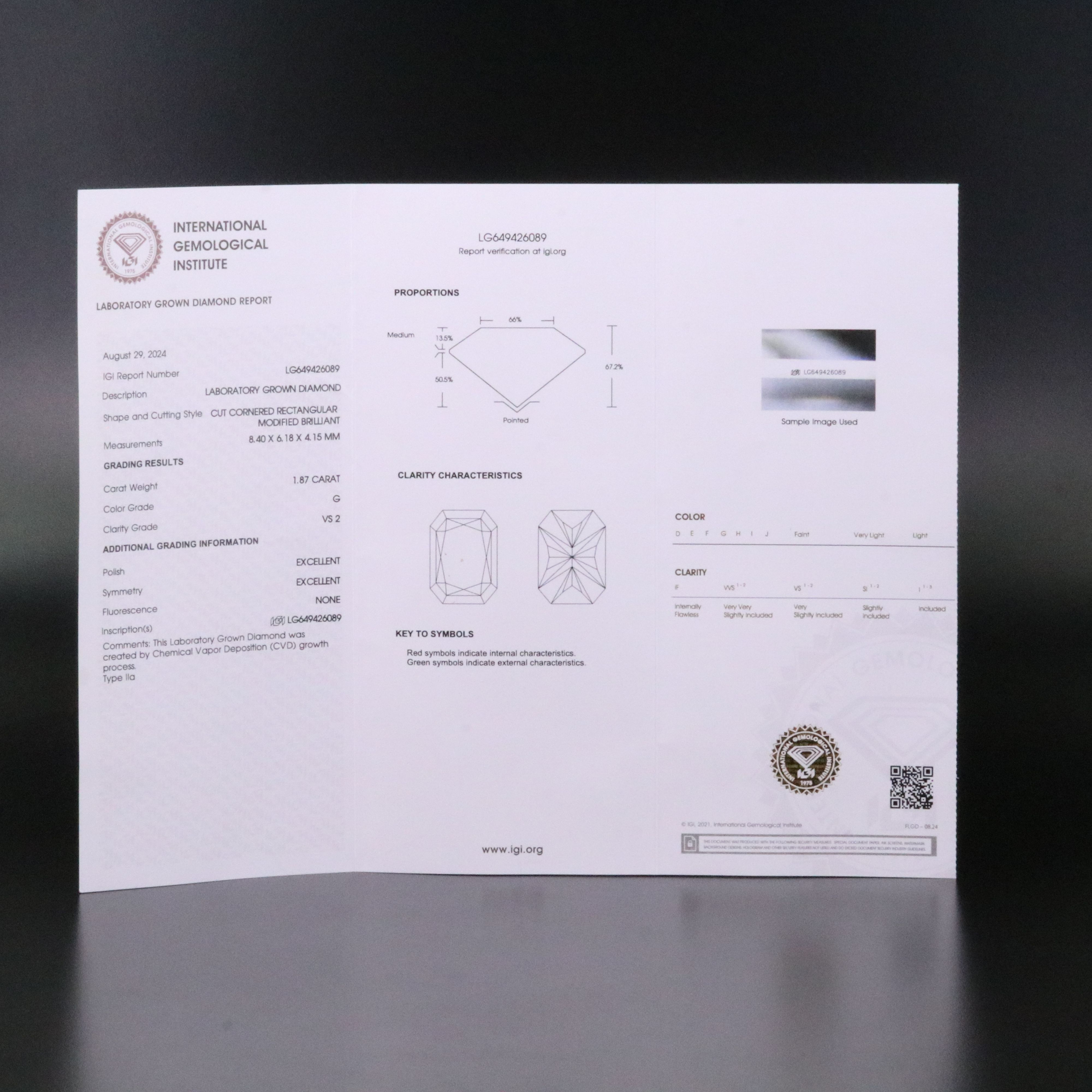 Loose 1.87 CT Lab Grown Diamond with IGI Report
