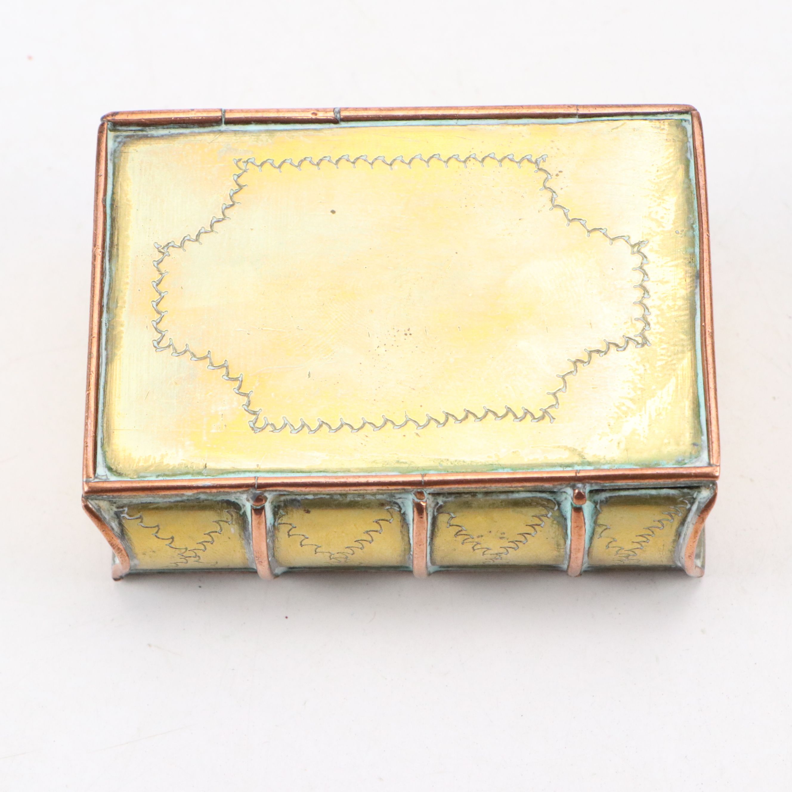 W. Walbran Brass and Copper Hinged Book Box with Other Diminutive Boxes