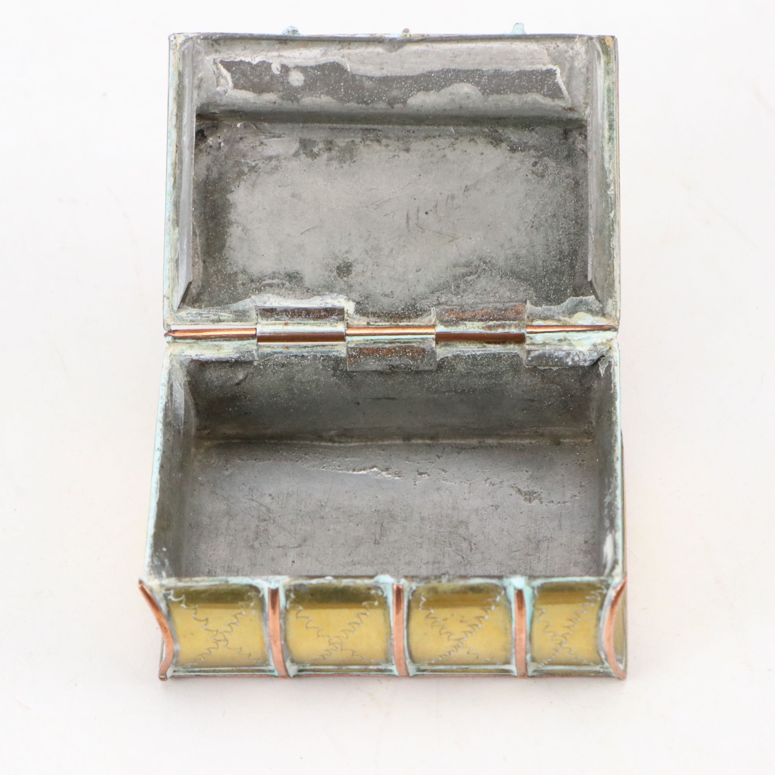 W. Walbran Brass and Copper Hinged Book Box with Other Diminutive Boxes