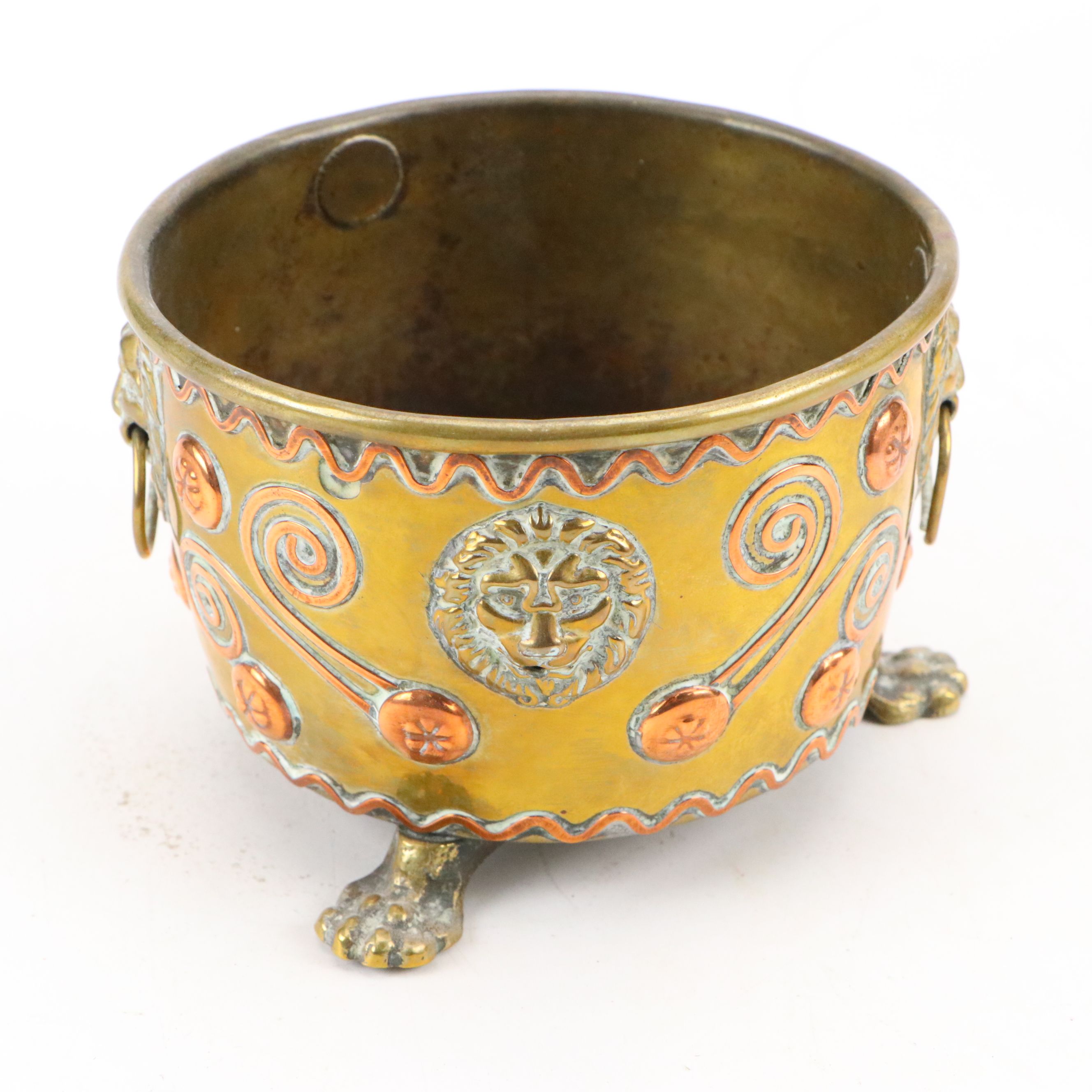 Russian Hammered Brass and Copper Handled Compote with Claw Foot Jardinière