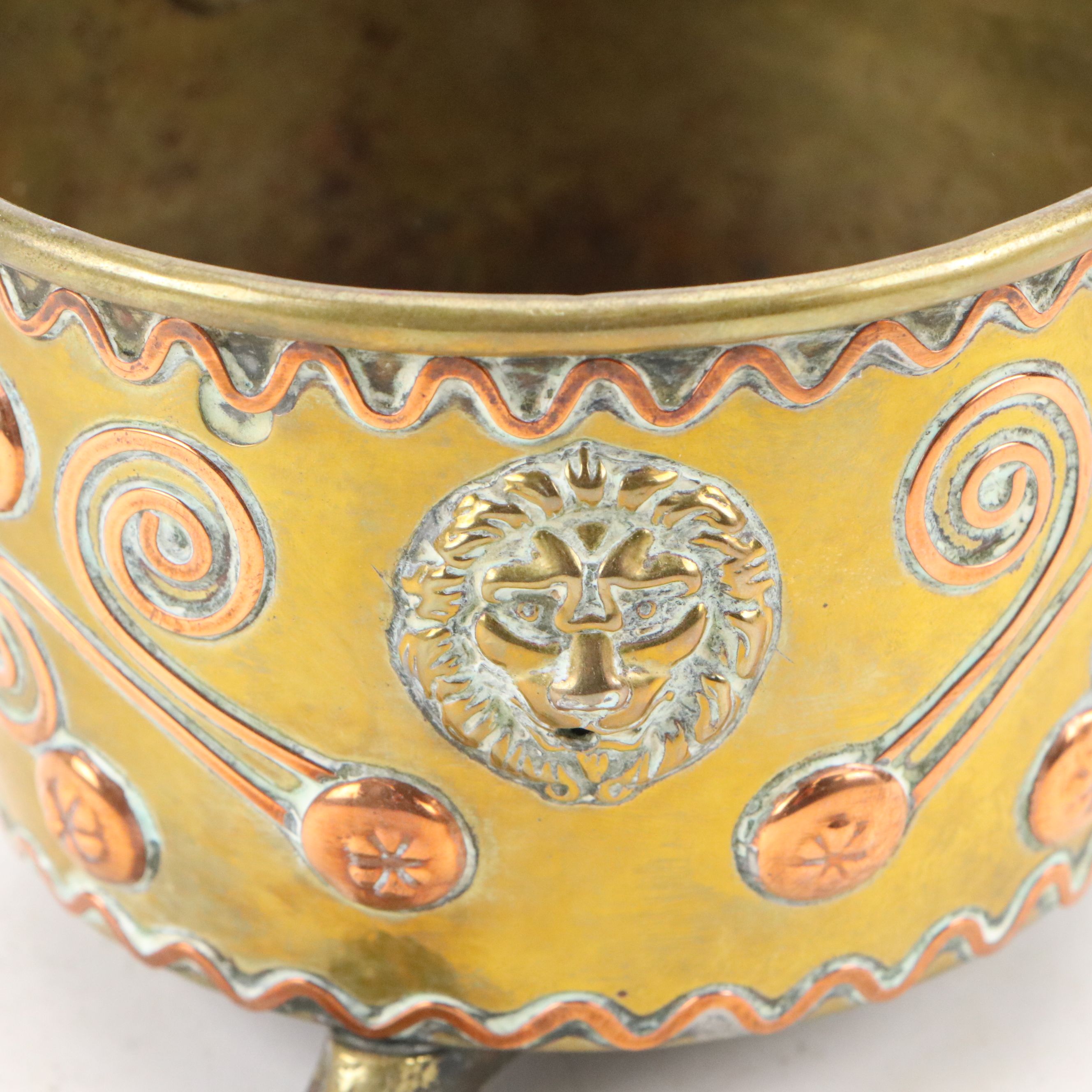 Russian Hammered Brass and Copper Handled Compote with Claw Foot Jardinière