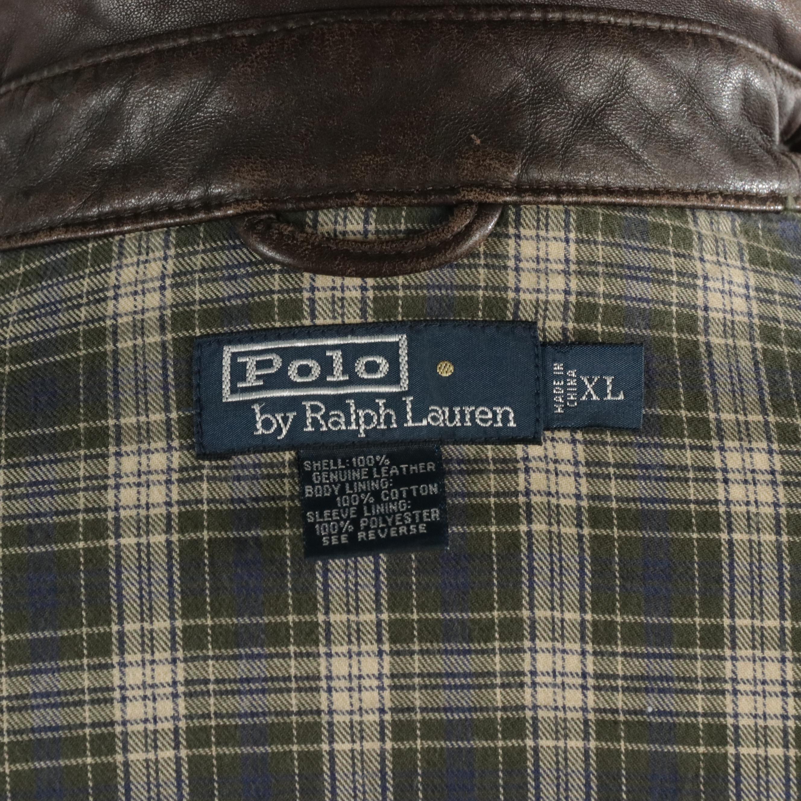 Polo by Ralph Lauren Brown Leather Jacket with Plaid Flannel Lining