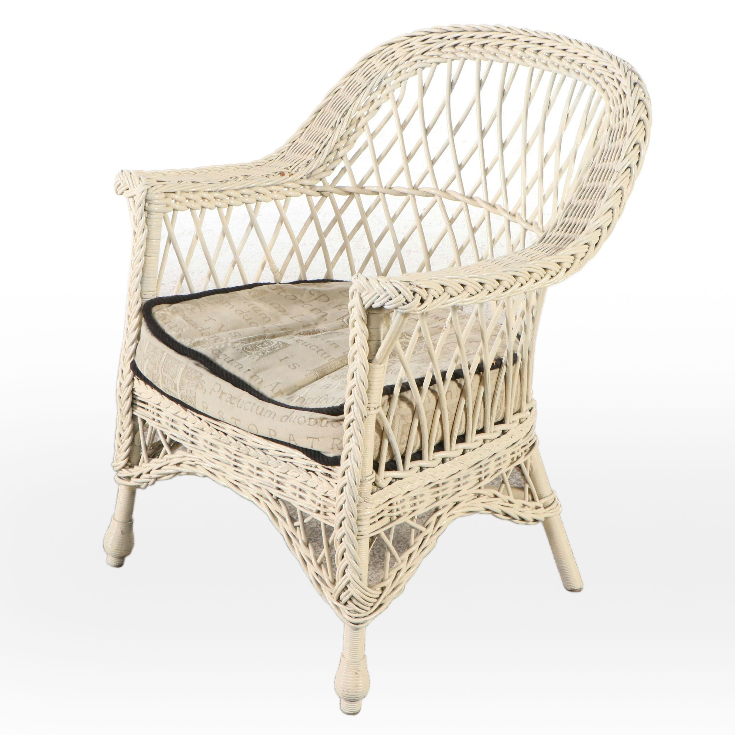 White-Painted Wicker Rattan Armchair, 20th Century