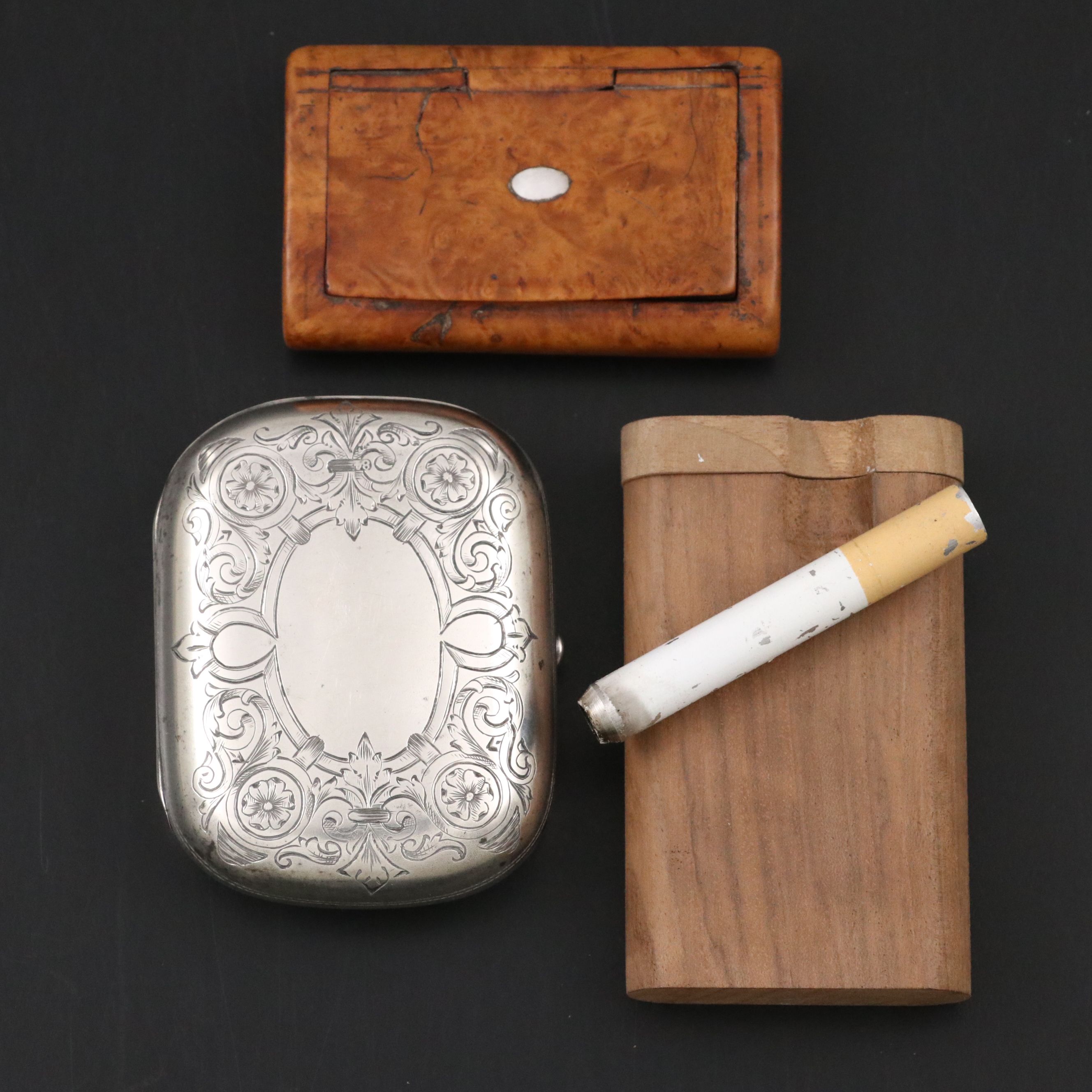 875 Silver Hinged Box with Inlaid Snuff Box and Other Wood Other Case