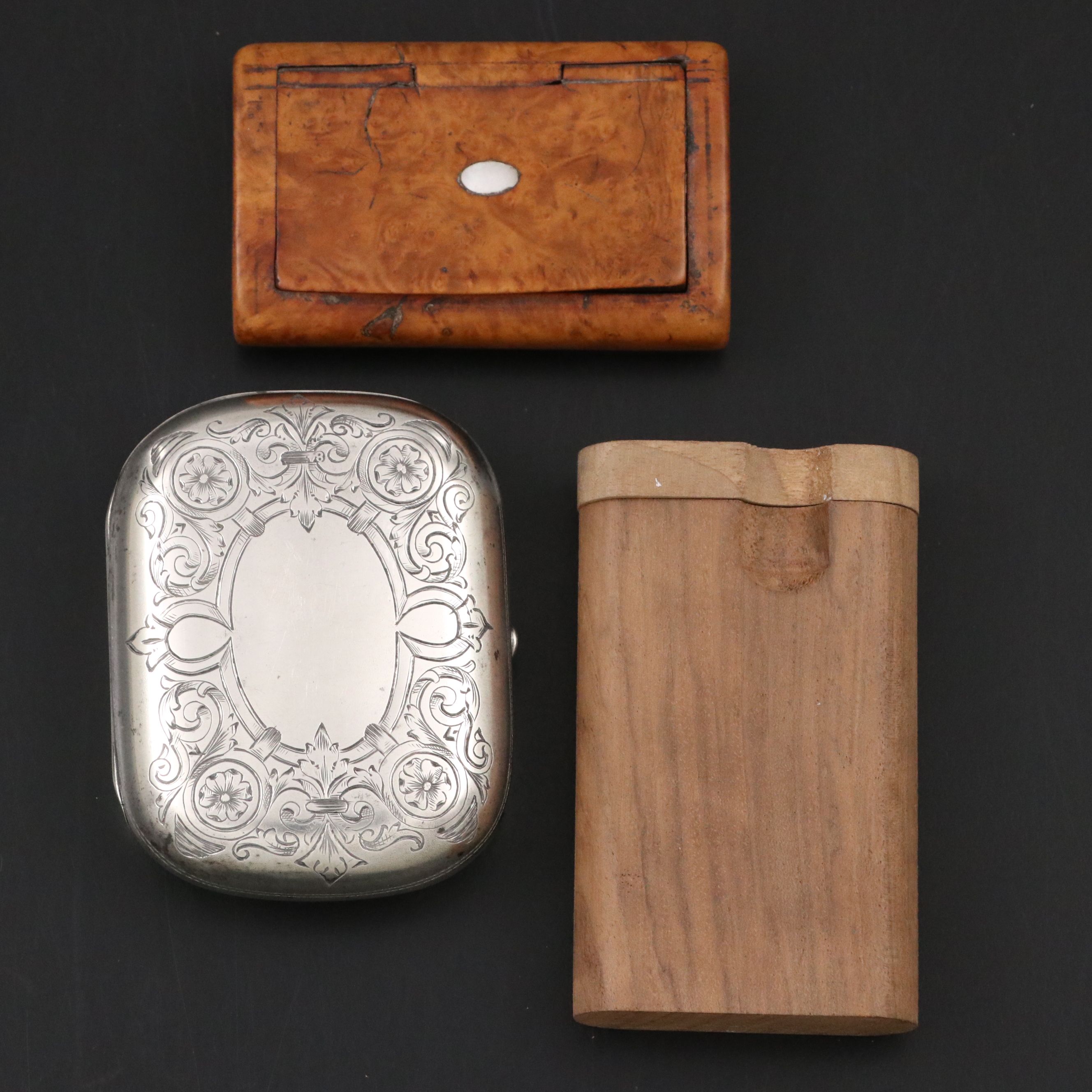 875 Silver Hinged Box with Inlaid Snuff Box and Other Wood Other Case