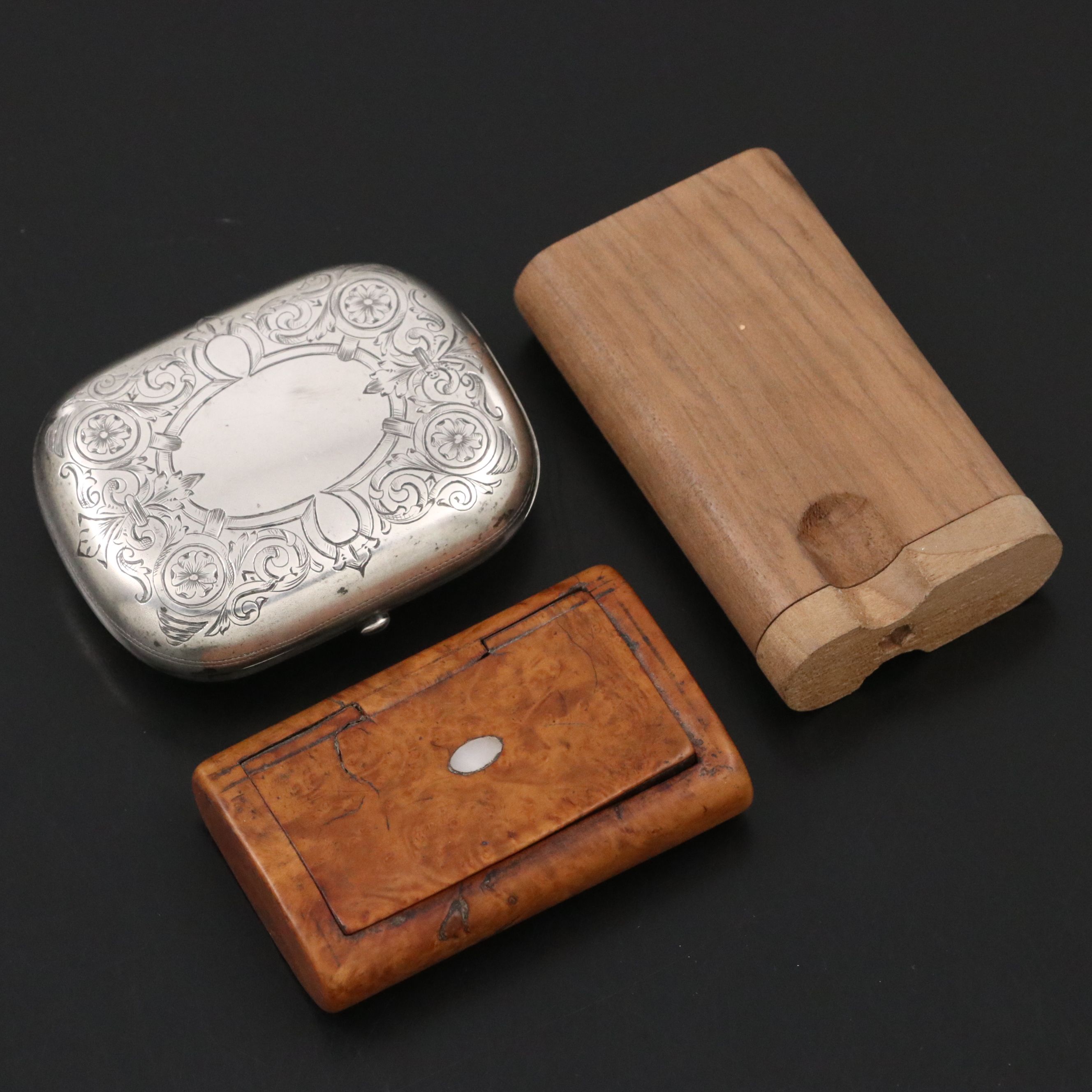 875 Silver Hinged Box with Inlaid Snuff Box and Other Wood Other Case