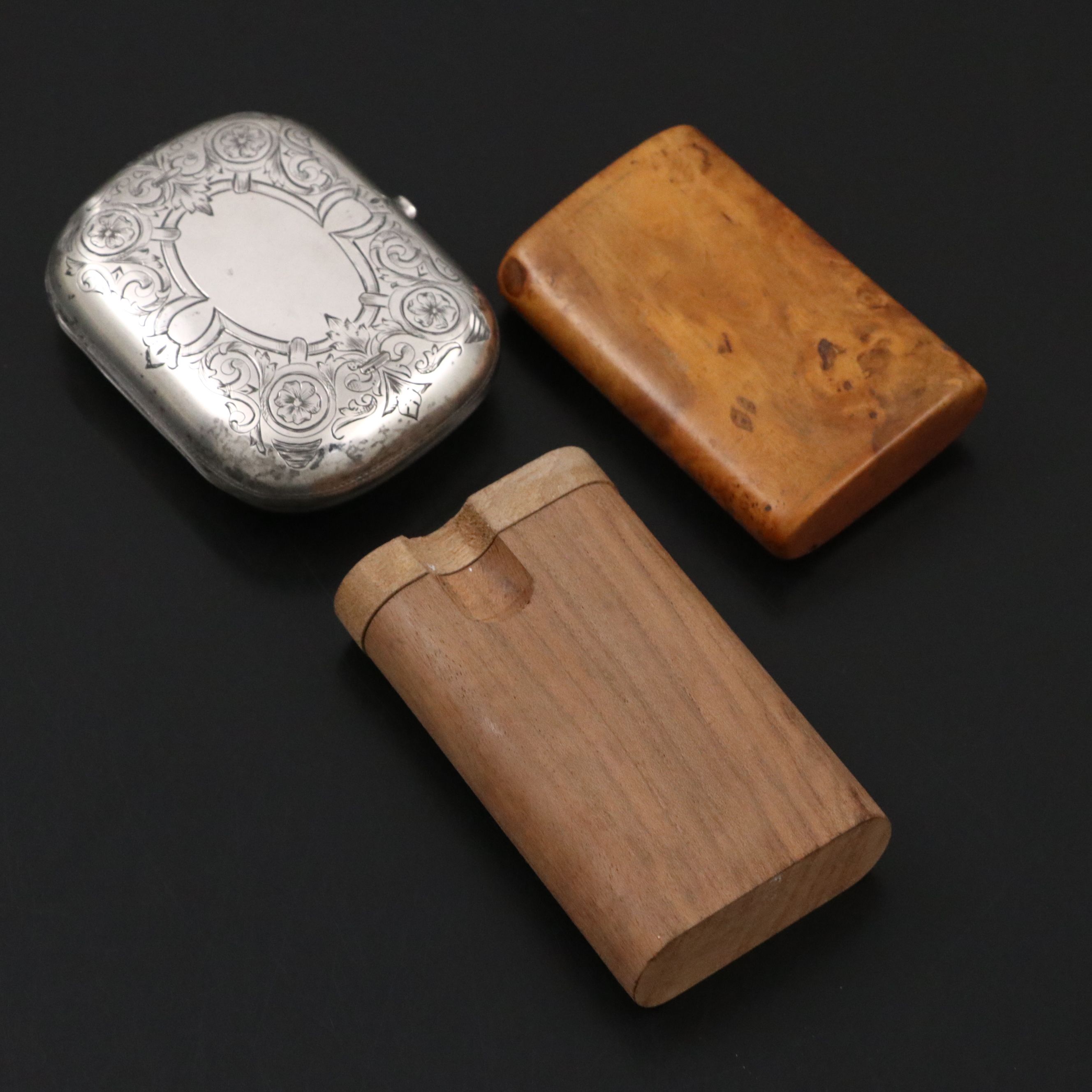 875 Silver Hinged Box with Inlaid Snuff Box and Other Wood Other Case