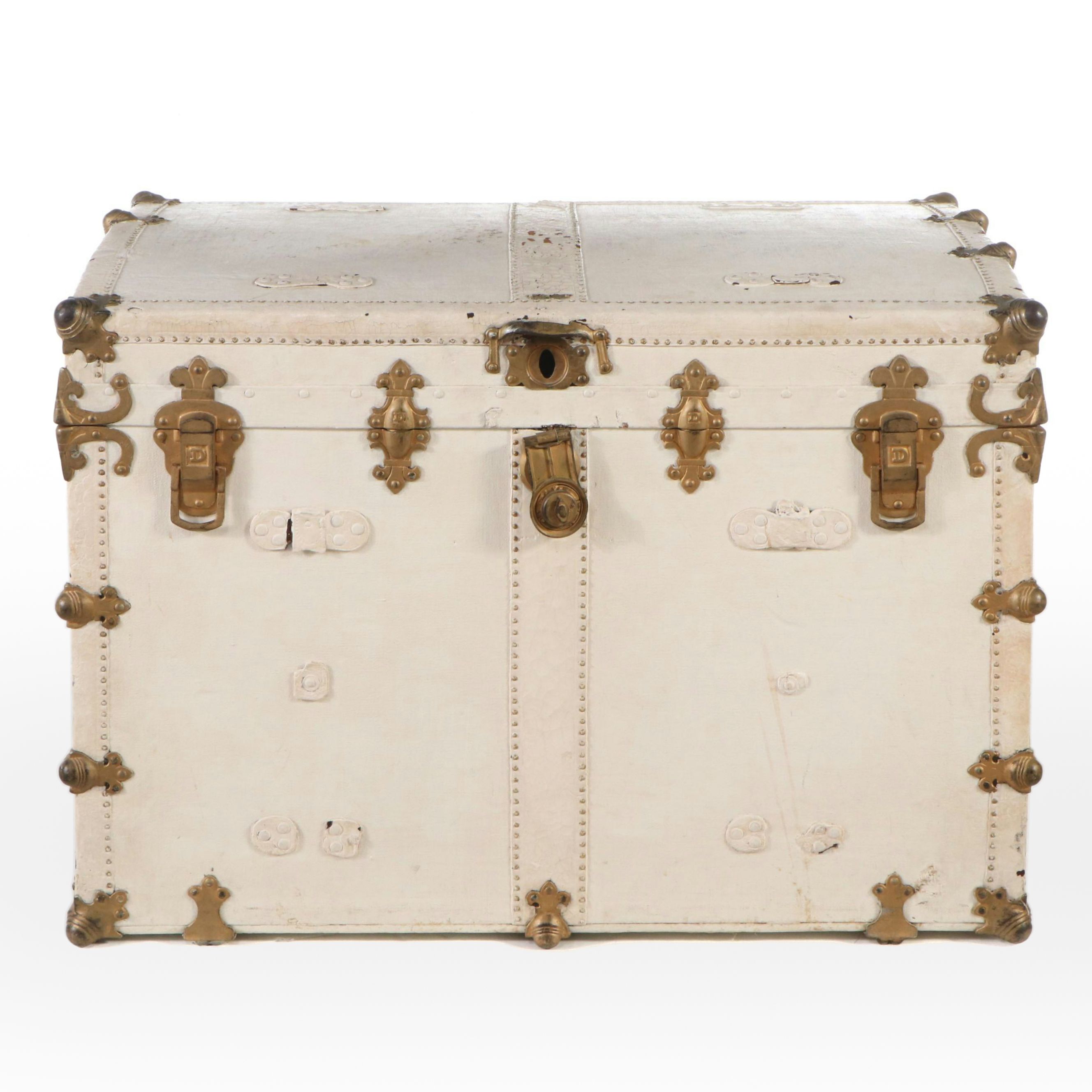 Cream Painted Leather-Bound Trunk, Early 20th Century
