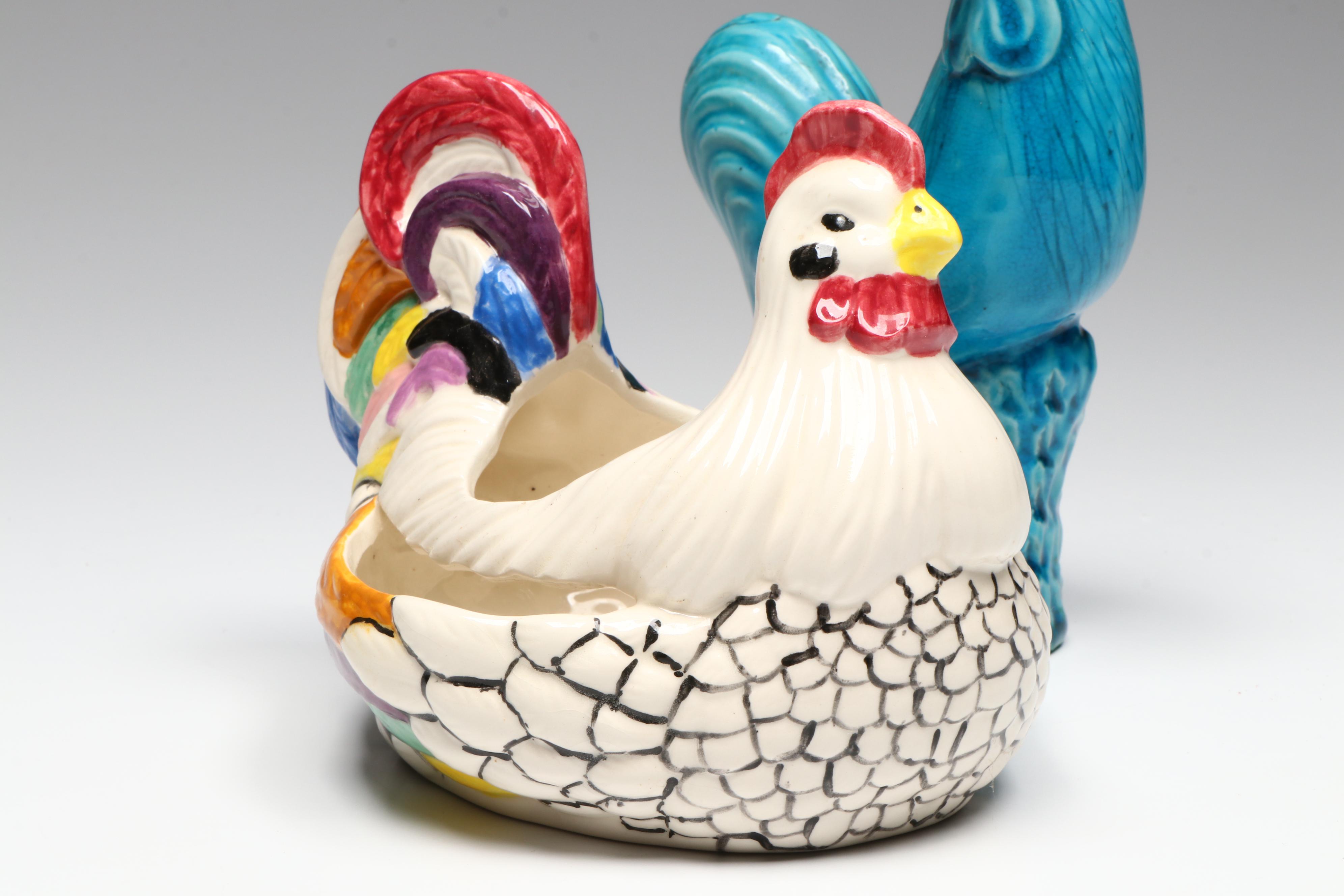 Vintage Majolica Style Rooster with Hen on Nest Casserole and Other Décor