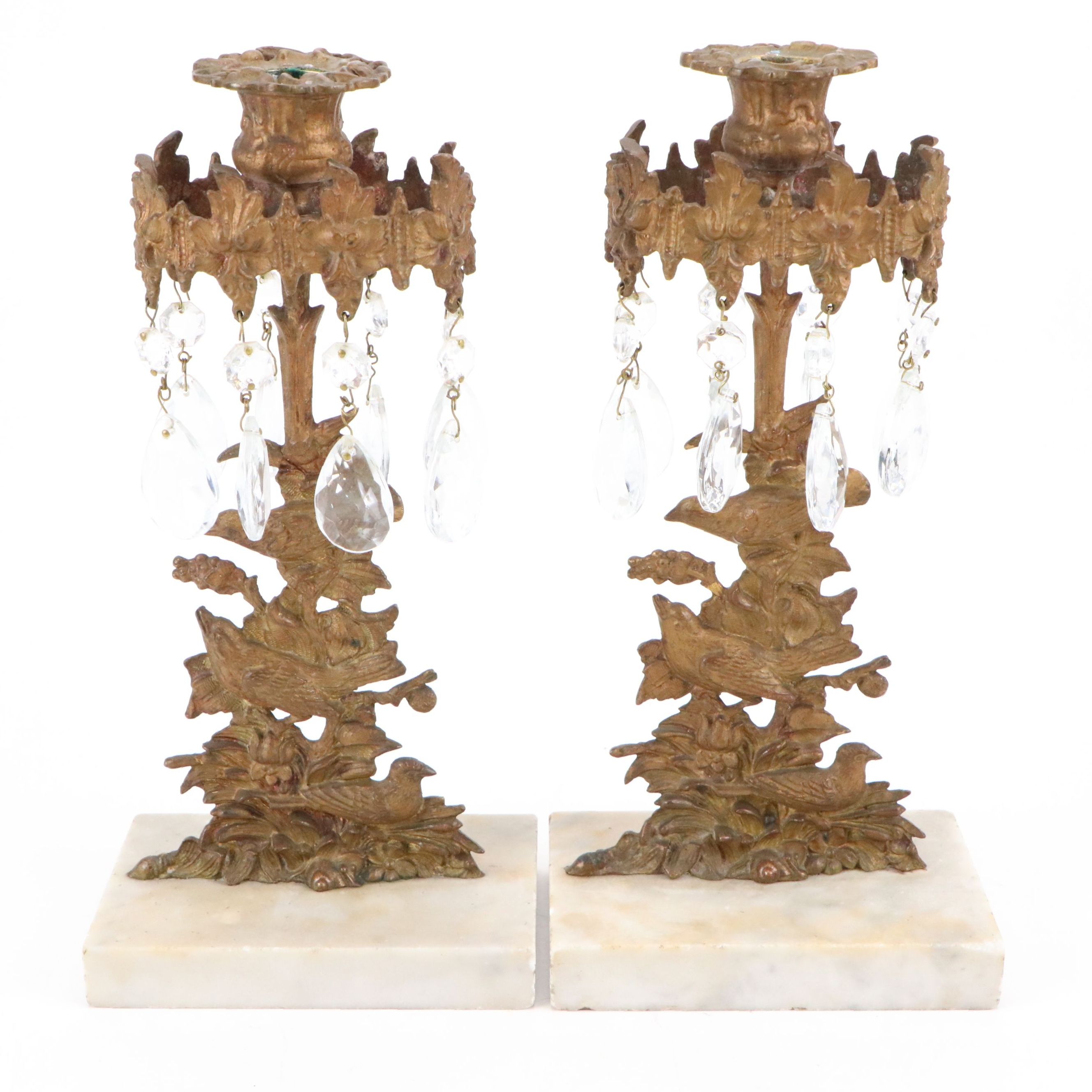 Rococo Revival Brass and Marble Base Candlesticks with Glass Pendalogues