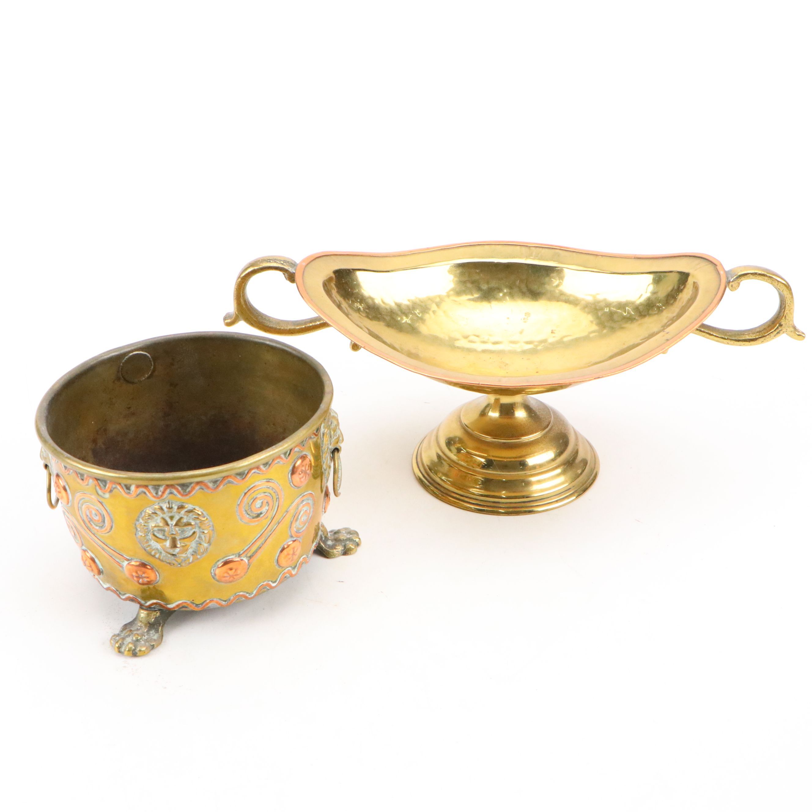 Russian Hammered Brass and Copper Handled Compote with Claw Foot Jardinière