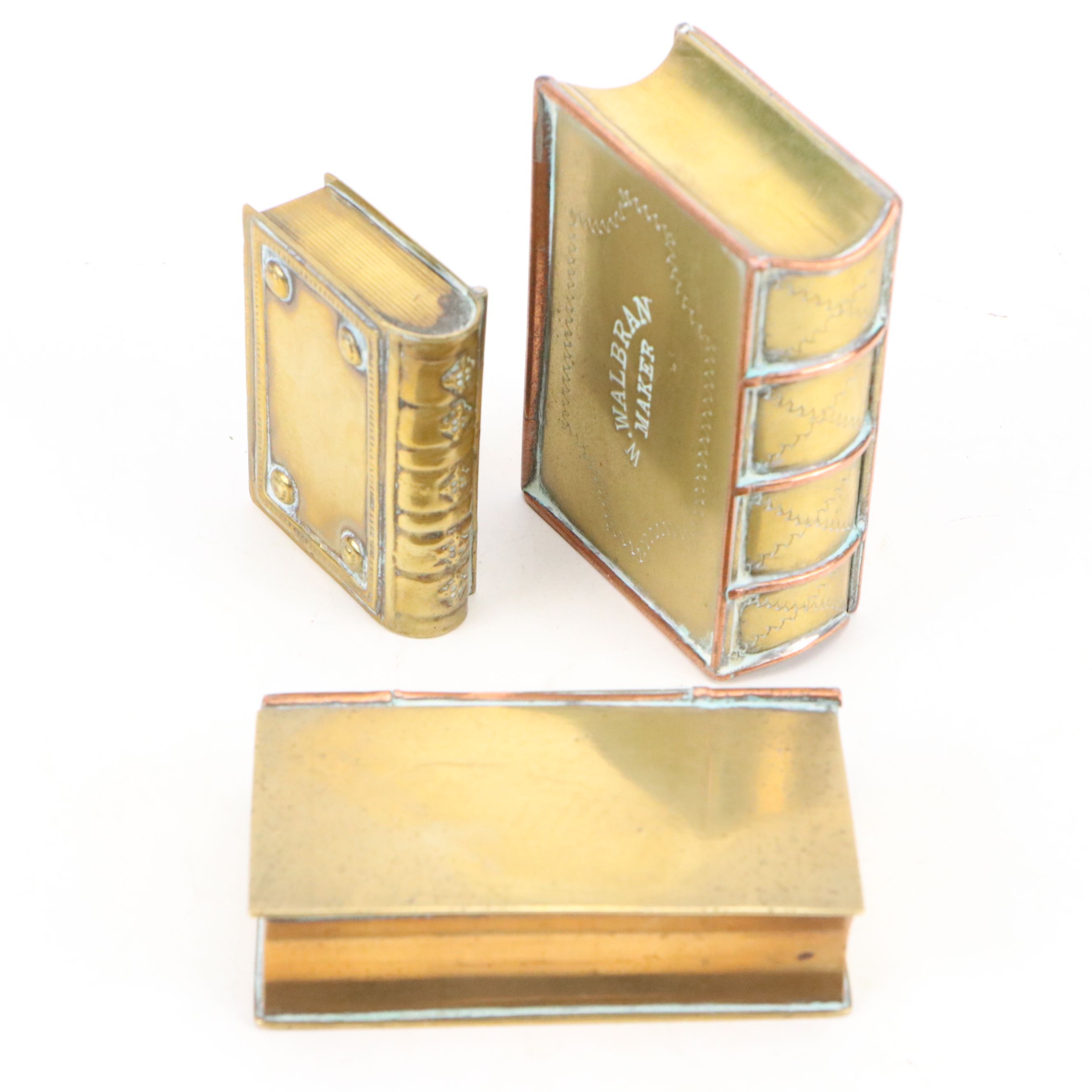 W. Walbran Brass and Copper Hinged Book Box with Other Diminutive Boxes
