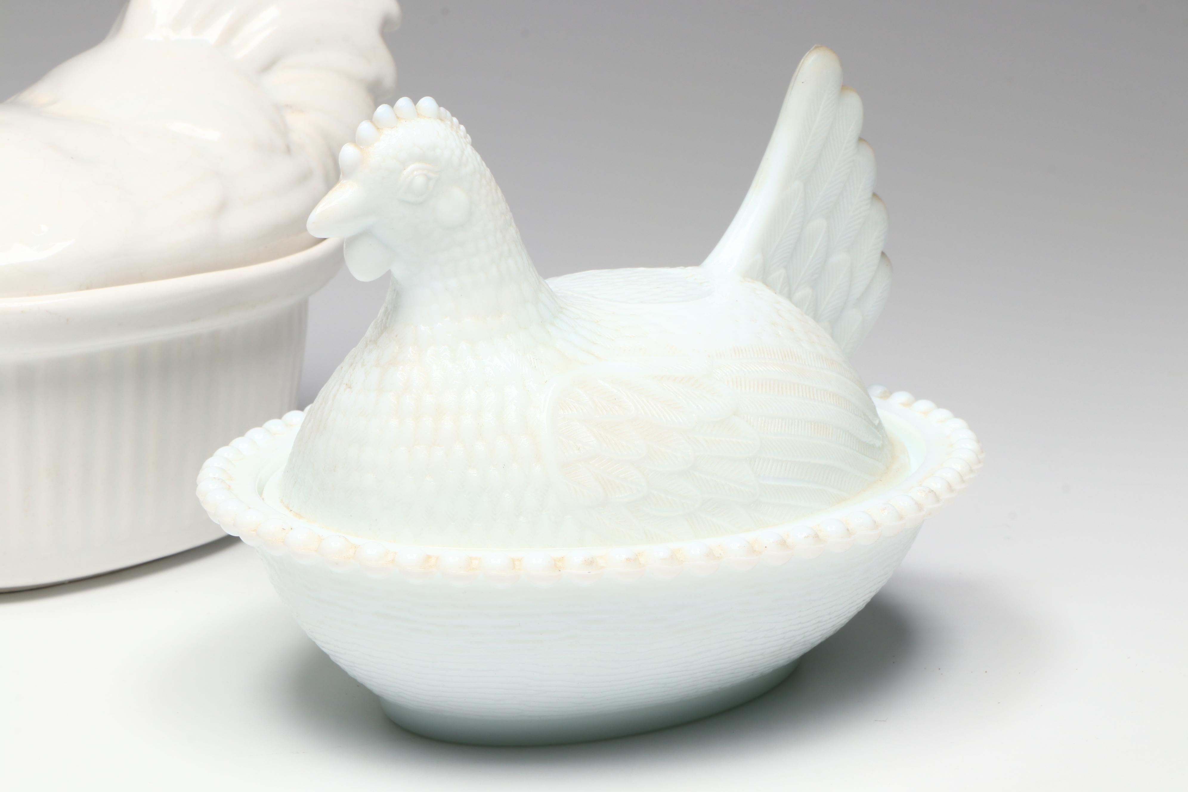 Vintage Milk Glass Hen on Nests with Other Ceramic Covered Casserole