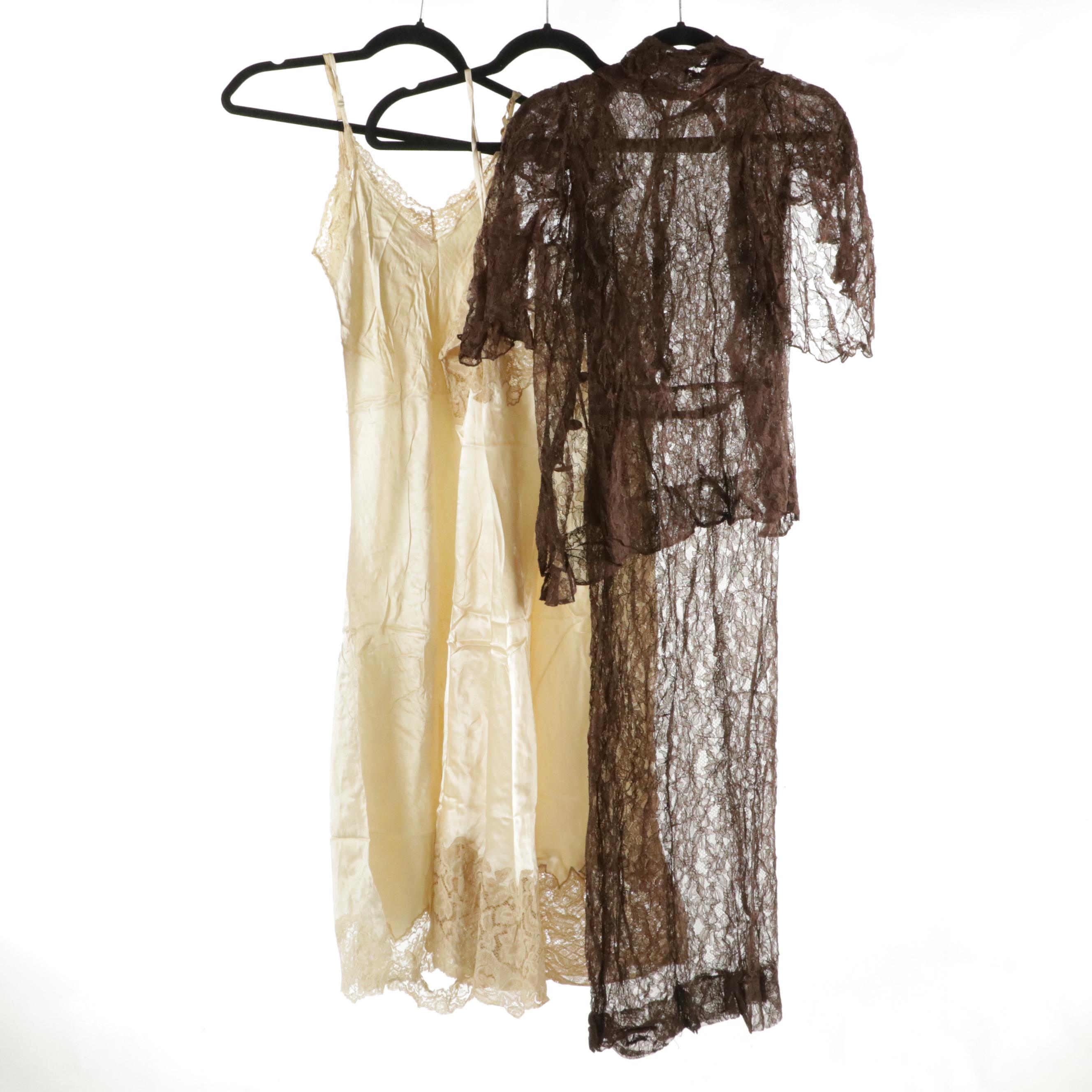Sheer Lace Dress Set with Silk/Satin Lace Trim Slip Dresses, circa 1930