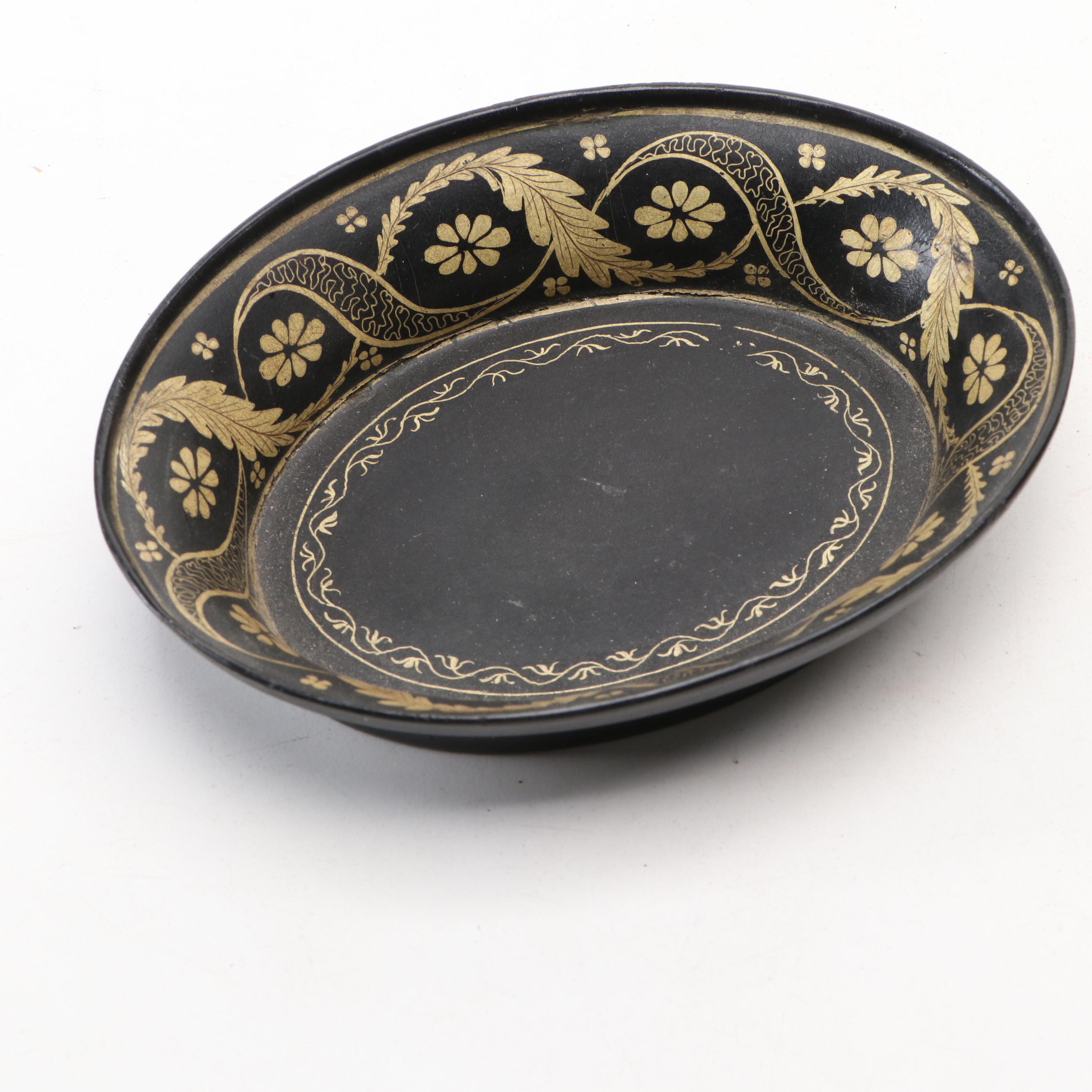 English Cylindrical Brass Coin Bank with Tole Painted Bowl