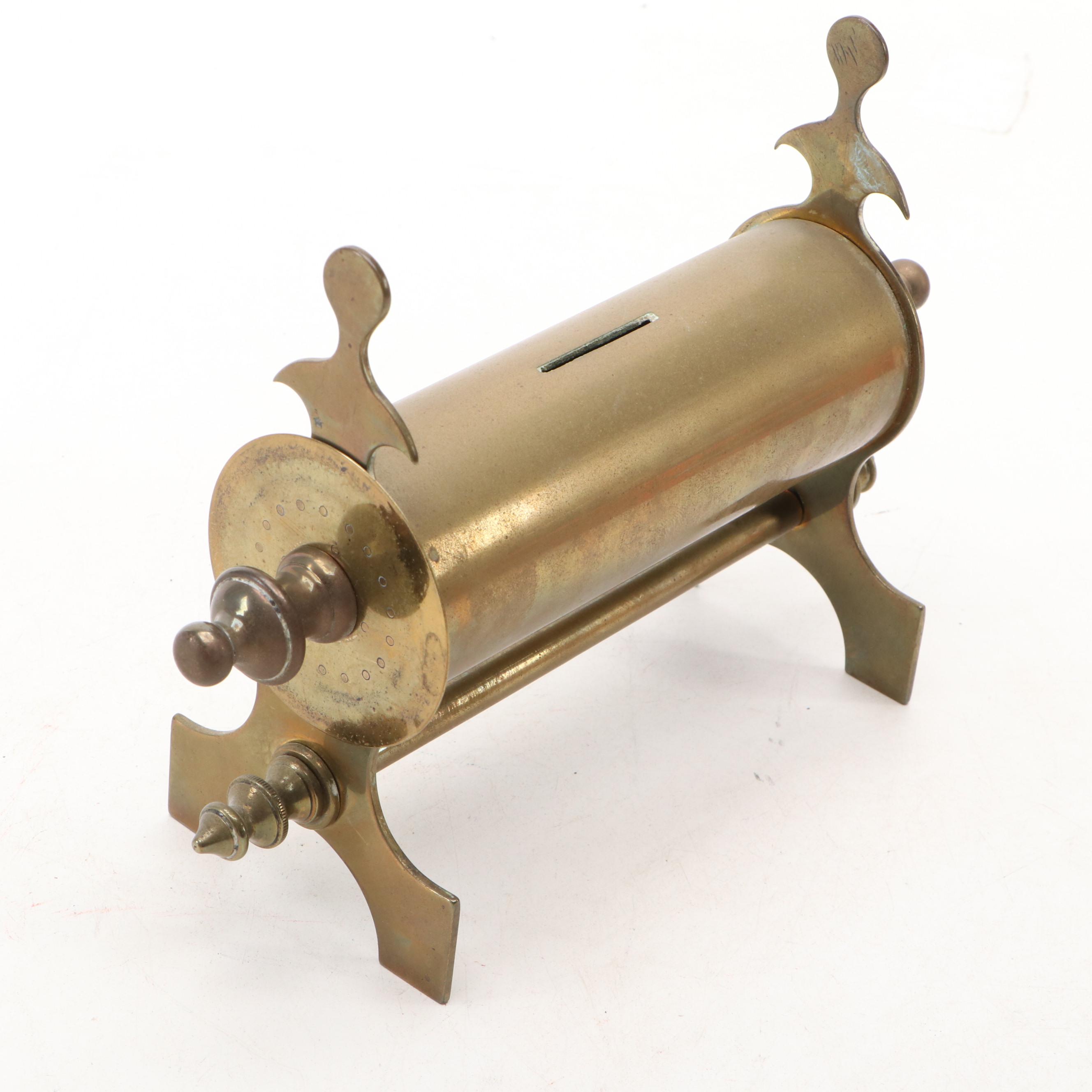 English Cylindrical Brass Coin Bank with Tole Painted Bowl