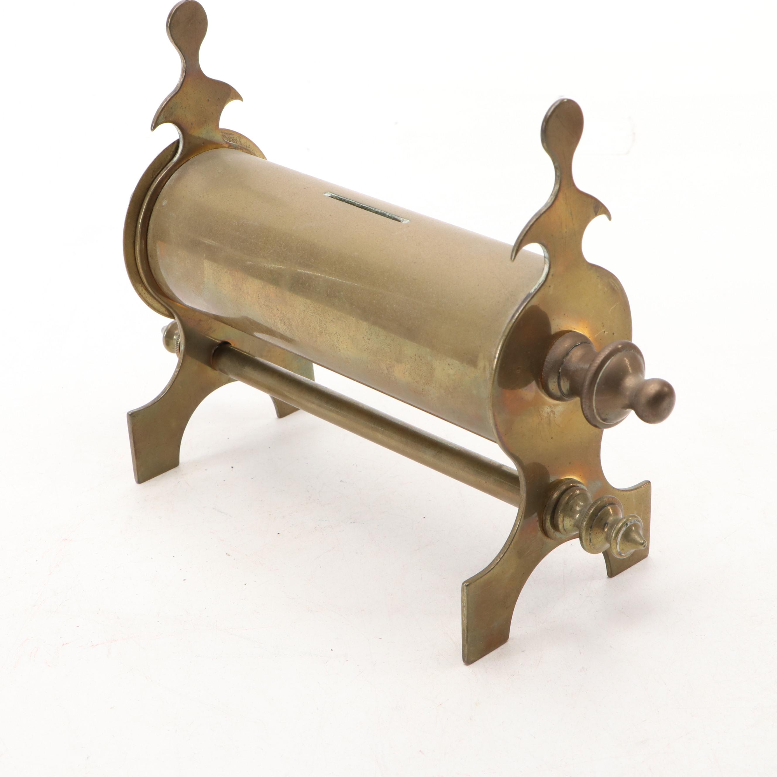 English Cylindrical Brass Coin Bank with Tole Painted Bowl