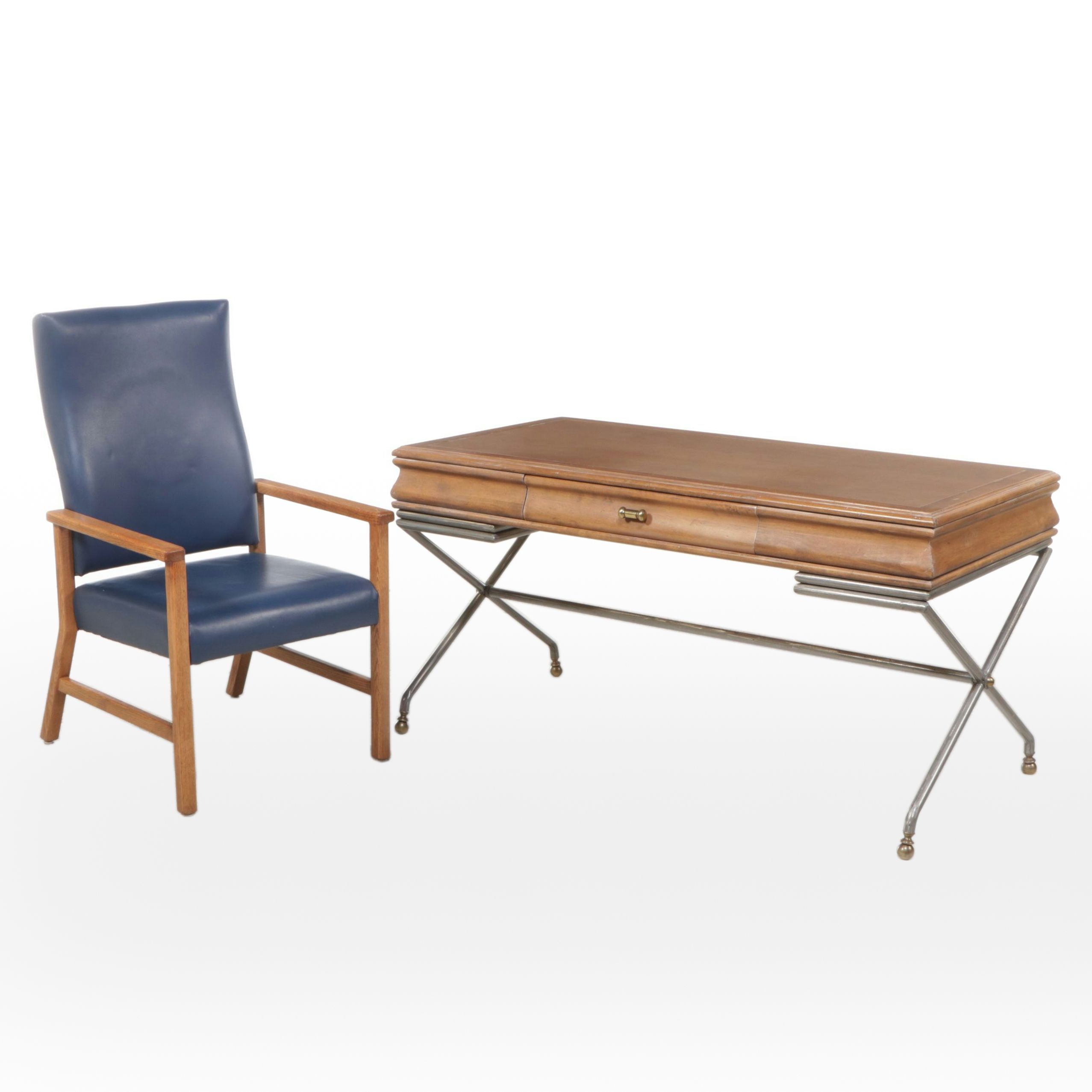 Directoire Style Wood and Metal Writing Table with Oak Armchair