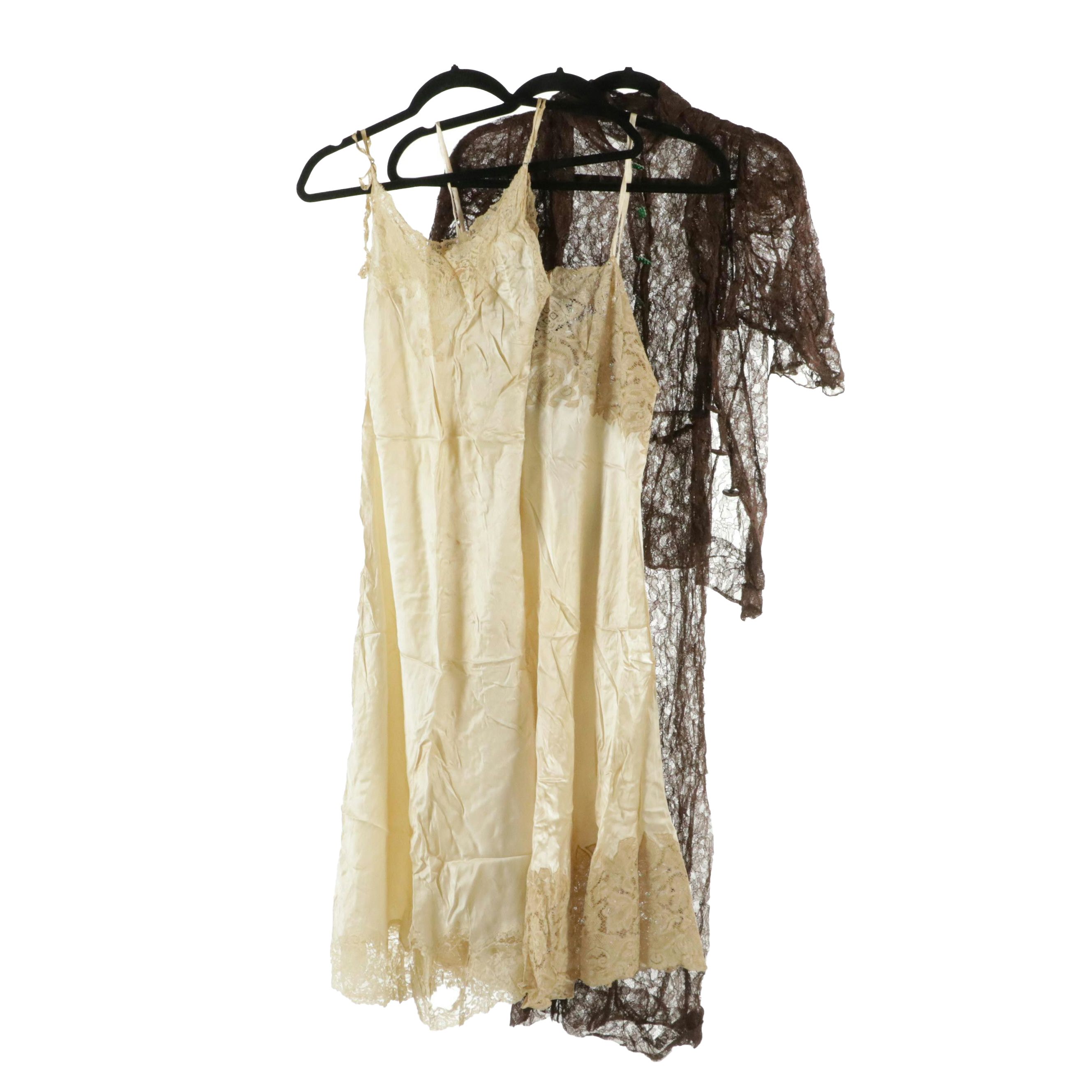 Sheer Lace Dress Set with Silk/Satin Lace Trim Slip Dresses, circa 1930