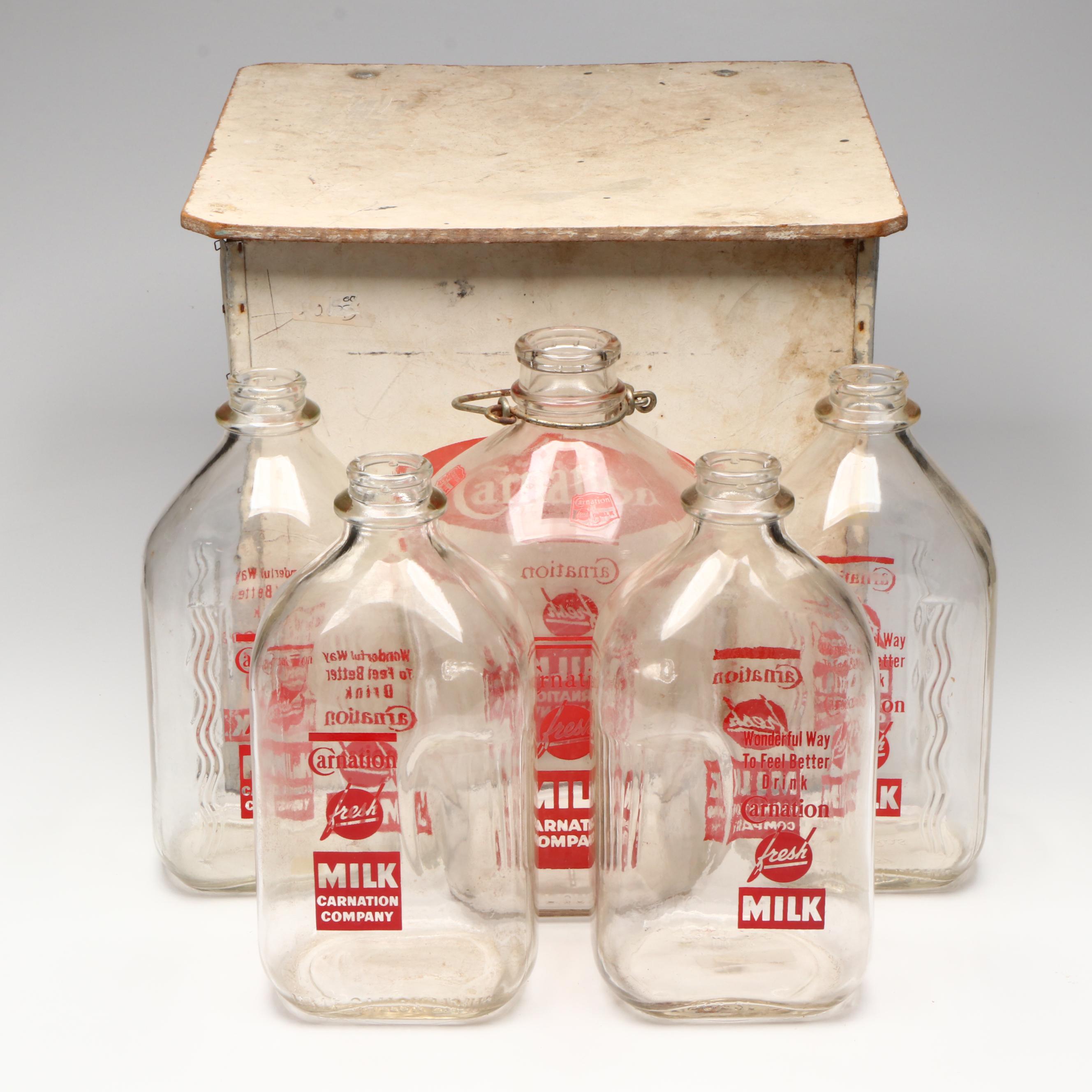 Carnation Dairy Delivery Cooler with Bottles, Mid-20th Century