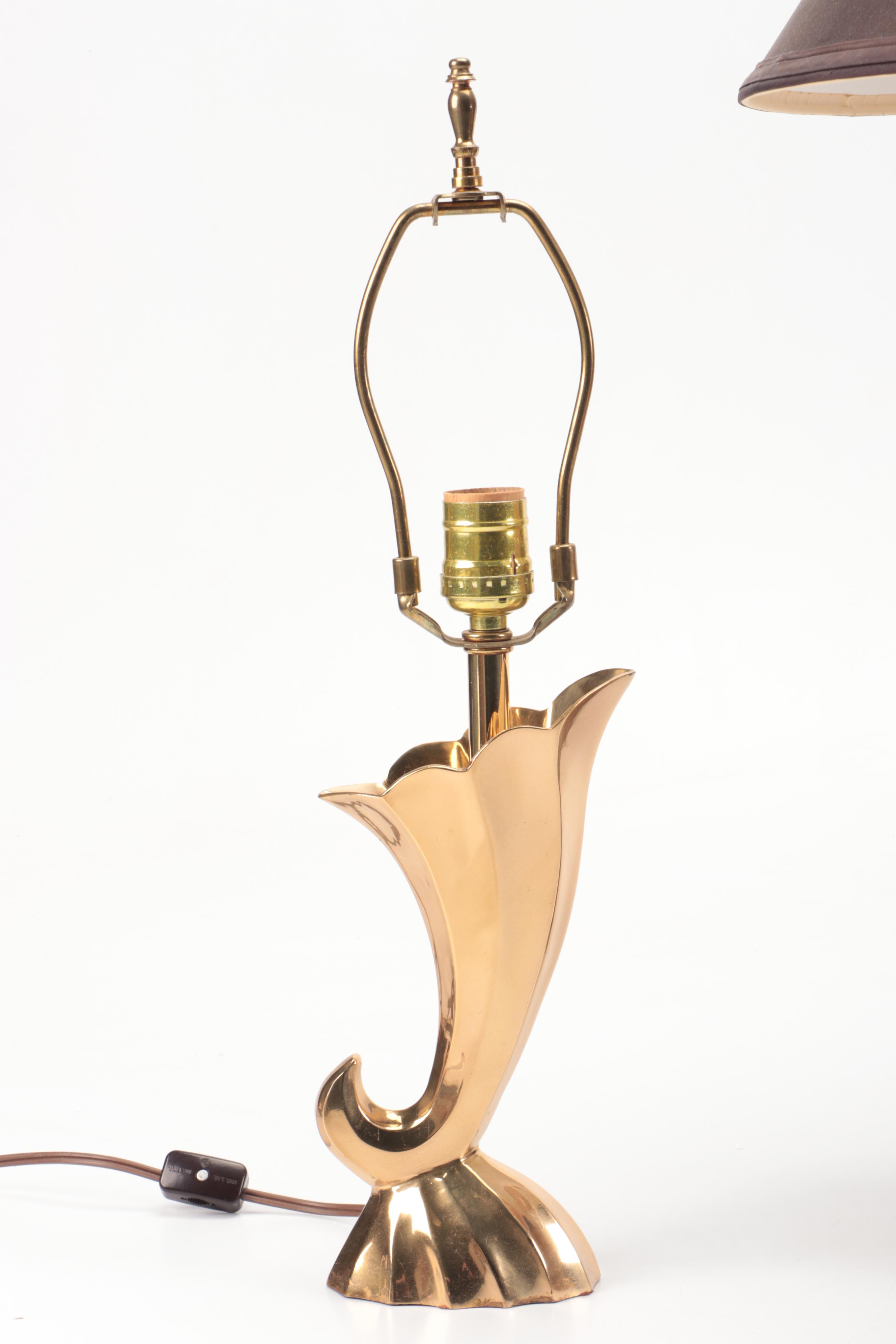 Kordenbrock Interiors Neoclassical Brass & Leather Lamp, Brass Cornucopia Lamp