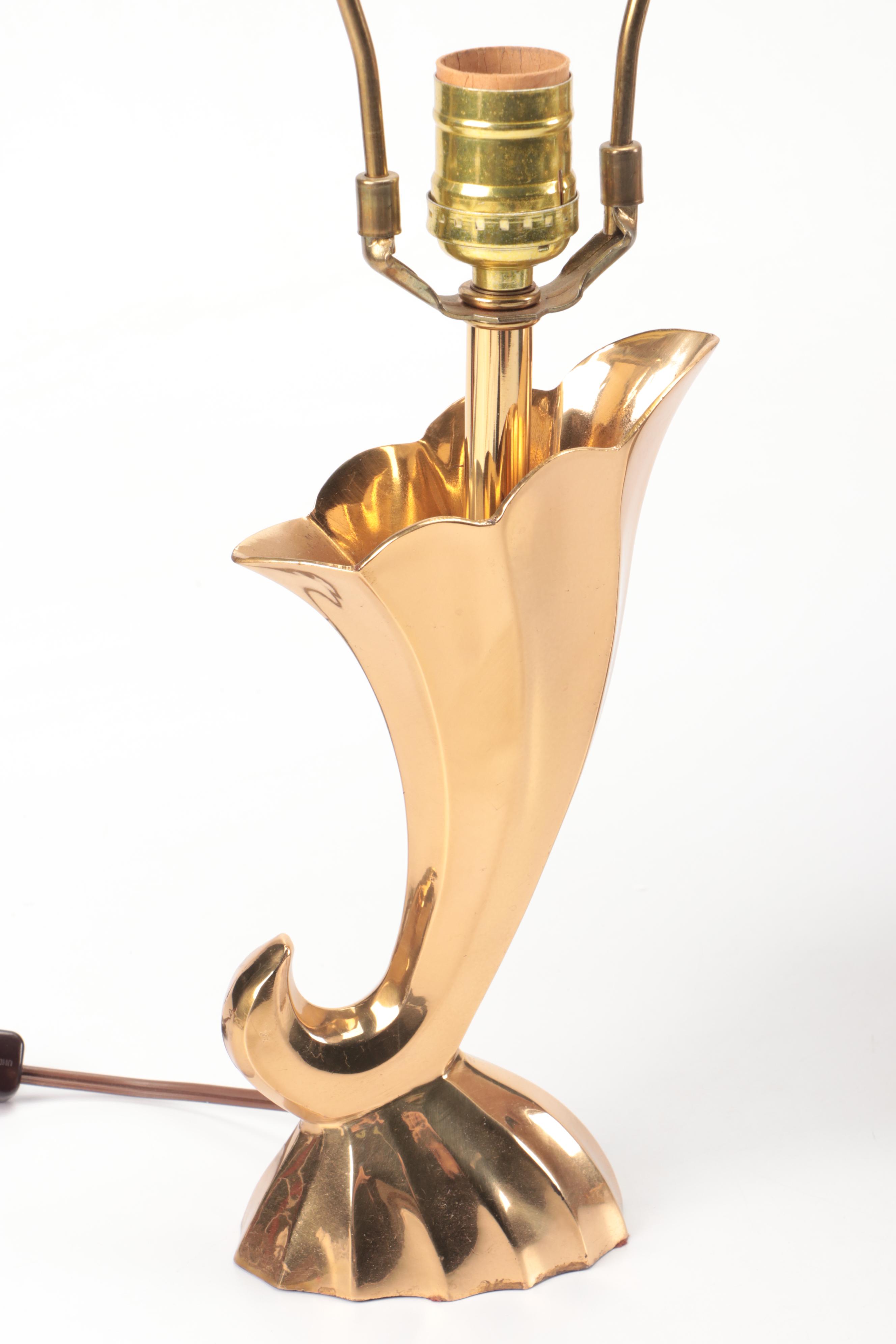 Kordenbrock Interiors Neoclassical Brass & Leather Lamp, Brass Cornucopia Lamp