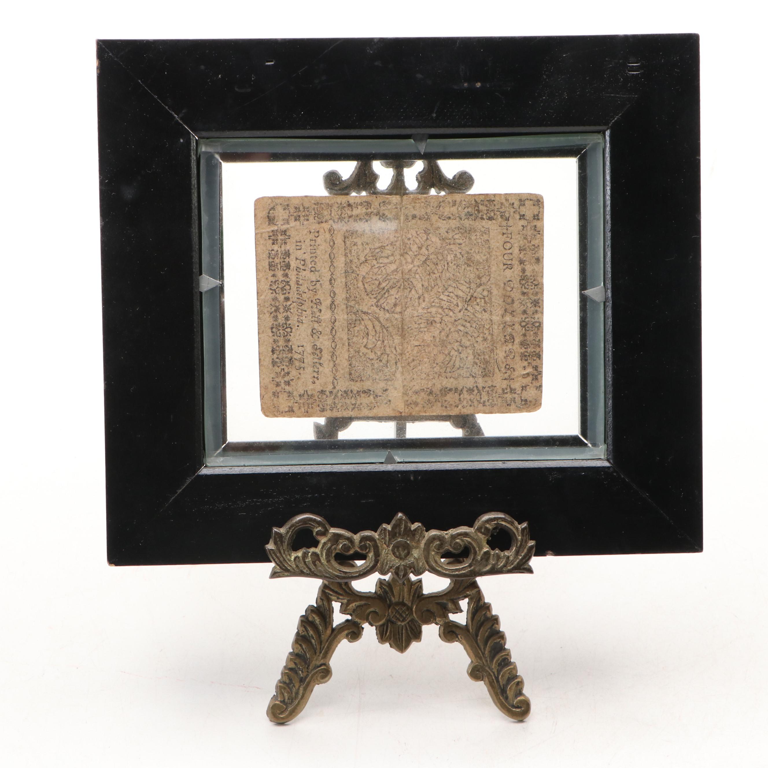 American Revolution Era Continental Currency Four Dollar Bill, 1775