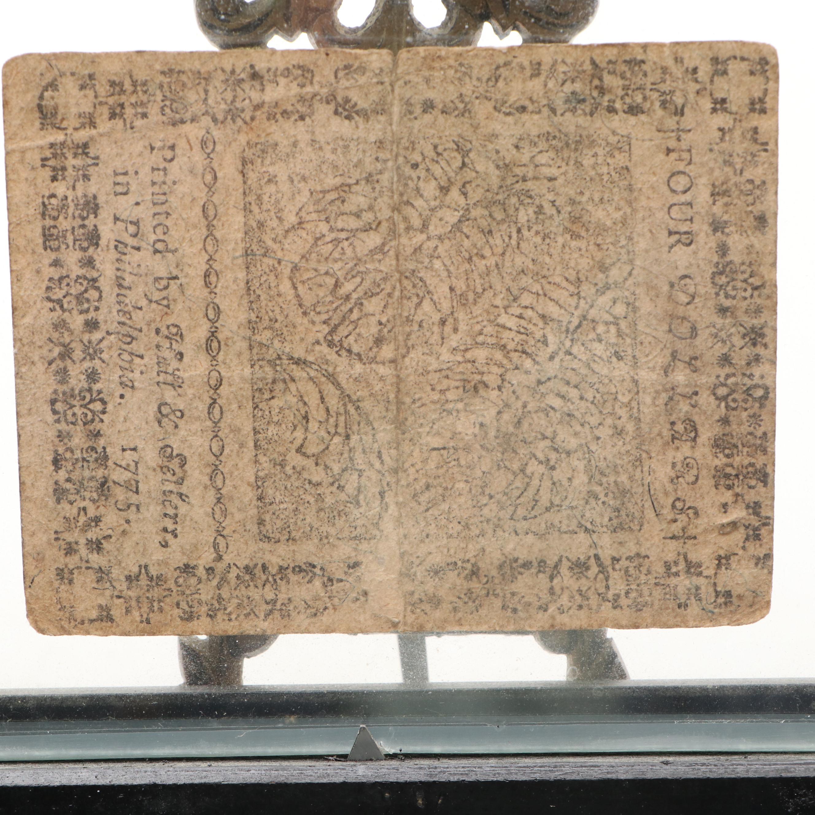 American Revolution Era Continental Currency Four Dollar Bill, 1775