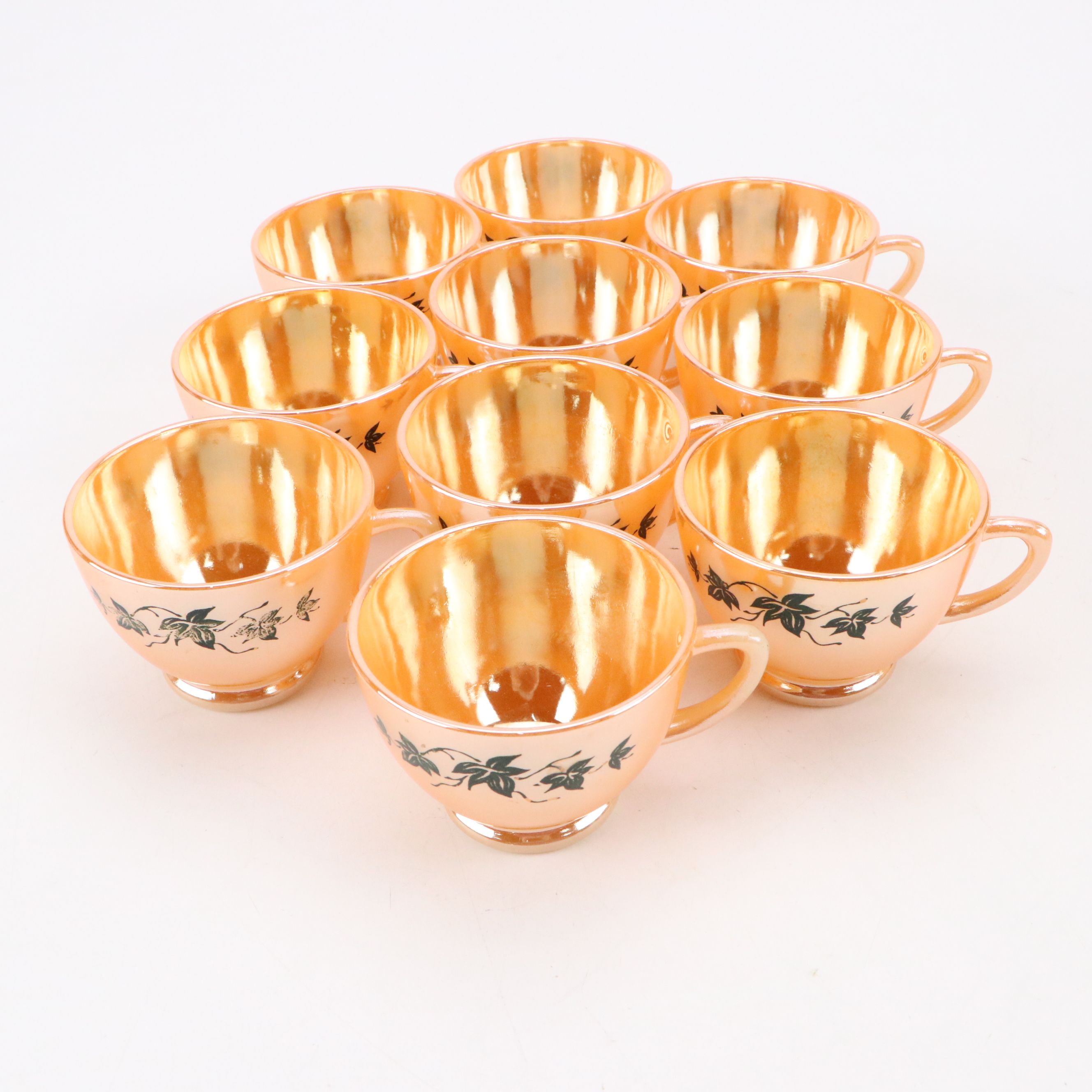 Anchor Hocking Fire King "Peach Luster" Ivy Glass Punch Bowl and Cups with Plate