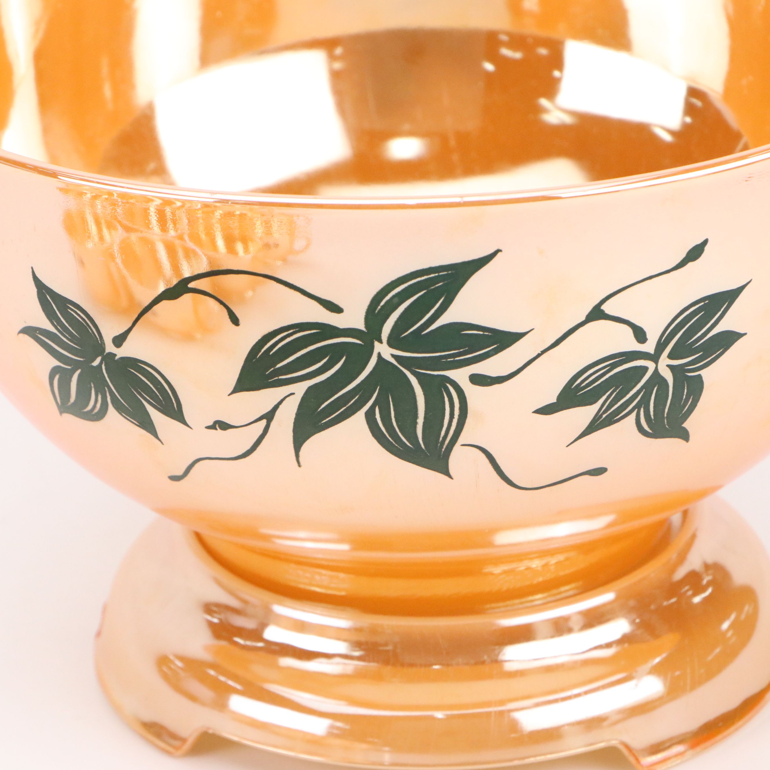 Anchor Hocking Fire King "Peach Luster" Ivy Glass Punch Bowl and Cups with Plate