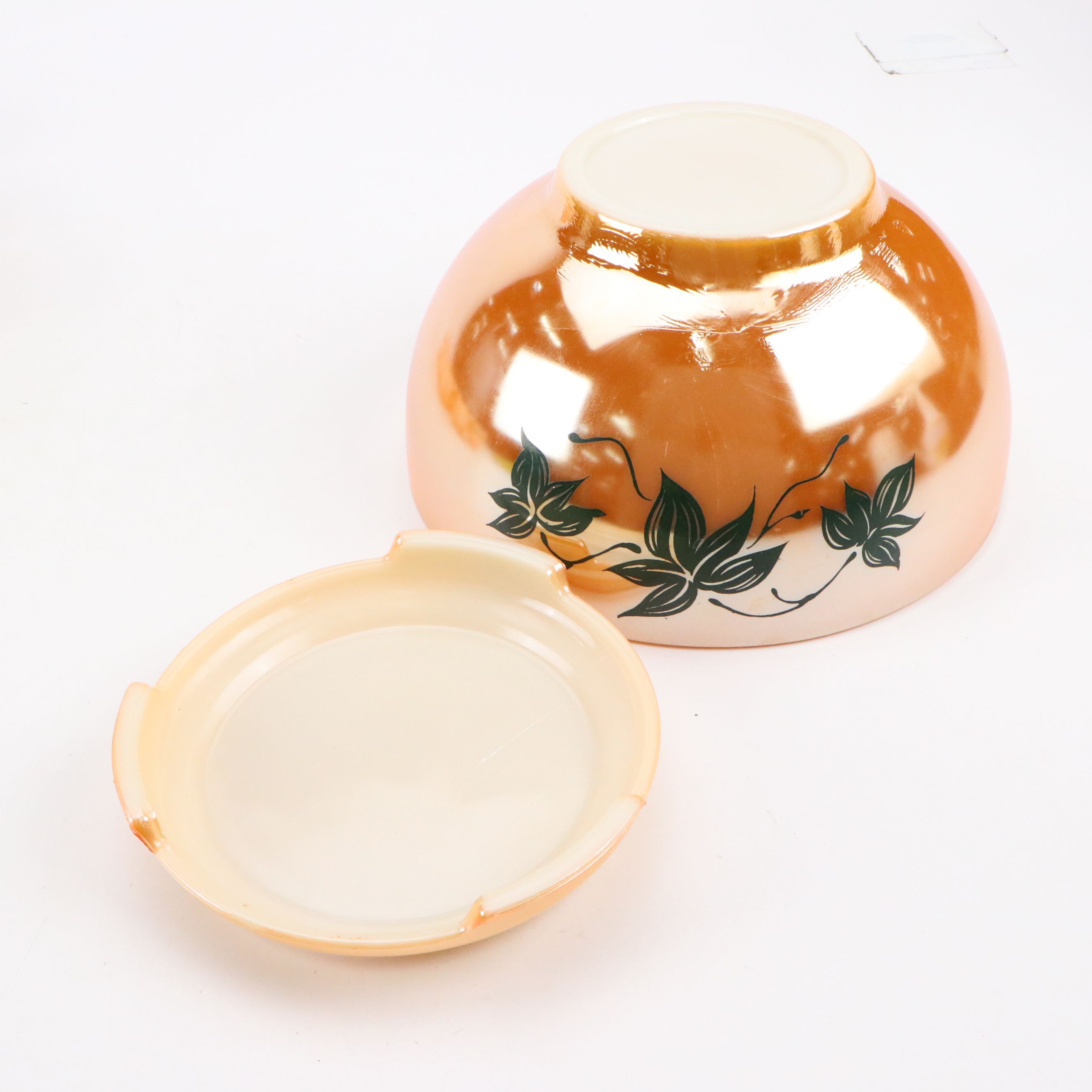 Anchor Hocking Fire King "Peach Luster" Ivy Glass Punch Bowl and Cups with Plate