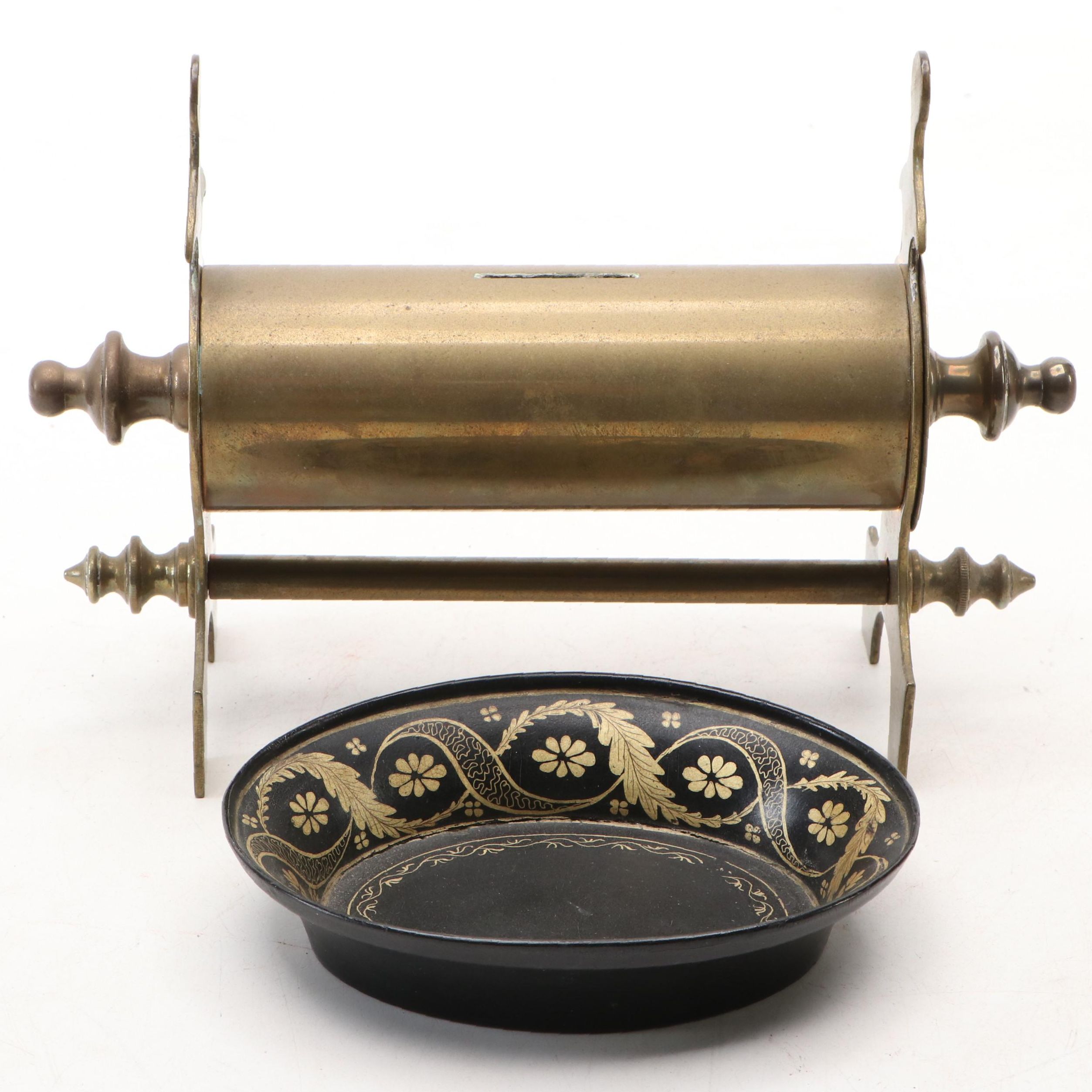 English Cylindrical Brass Coin Bank with Tole Painted Bowl