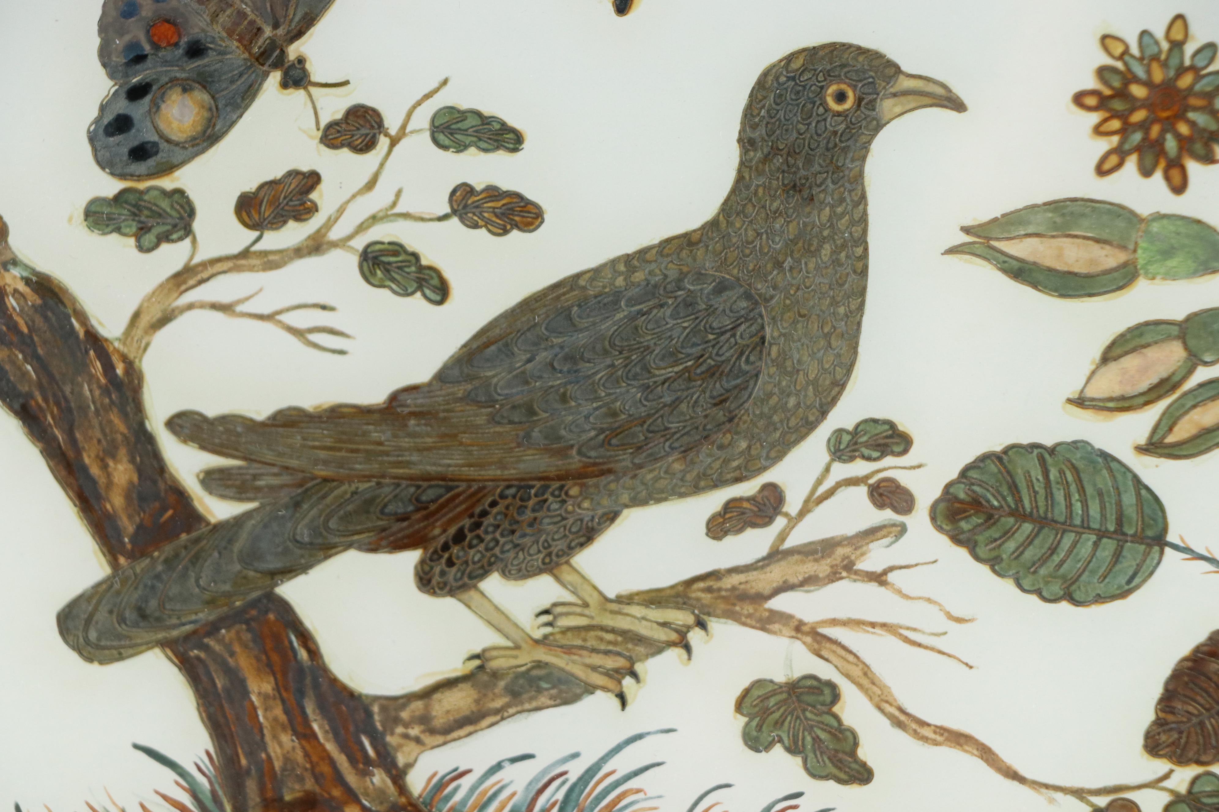 Reverse Glass Painting of Stylized Bird and Butterfly with Gold Tone Accents