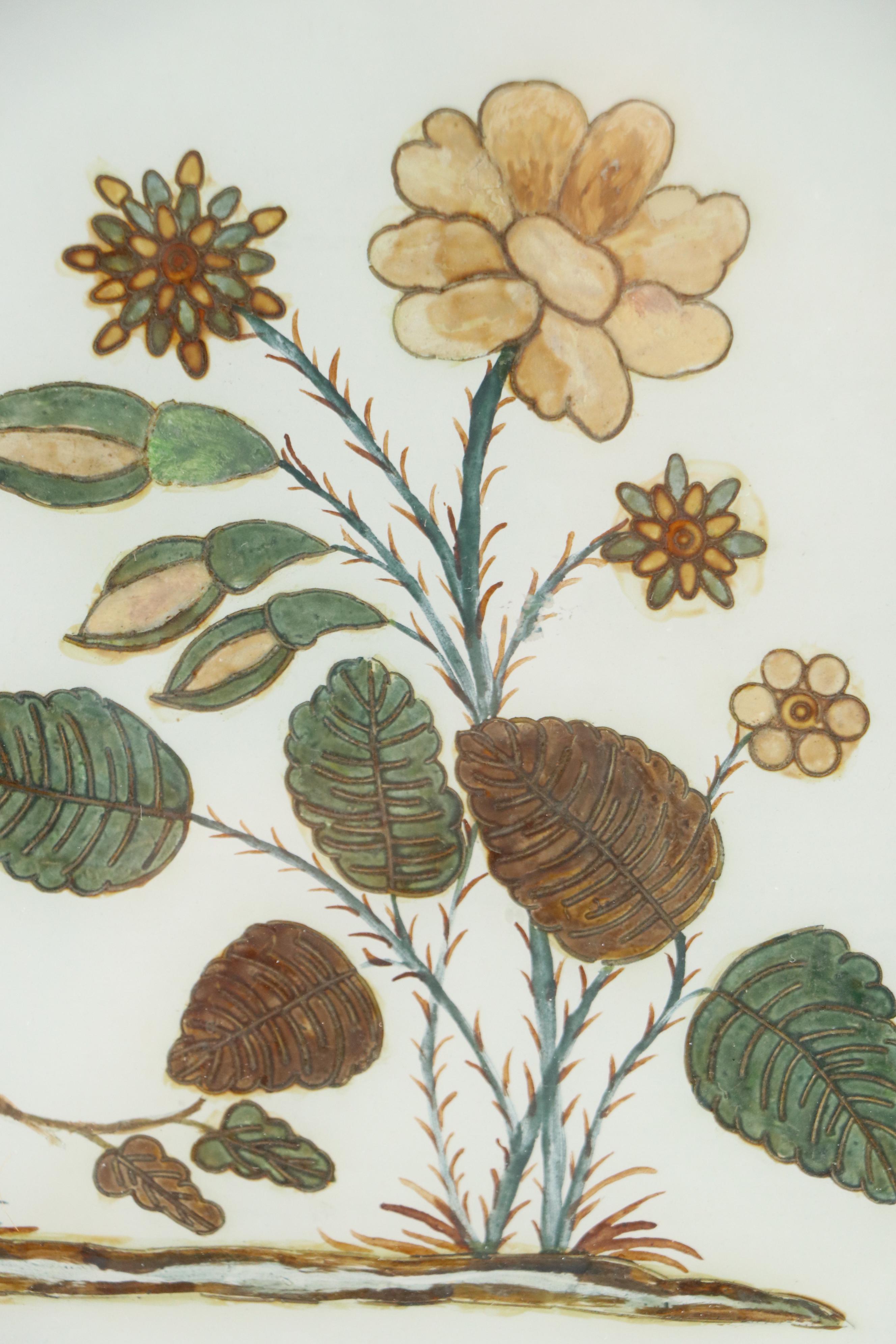 Reverse Glass Painting of Stylized Bird and Butterfly with Gold Tone Accents