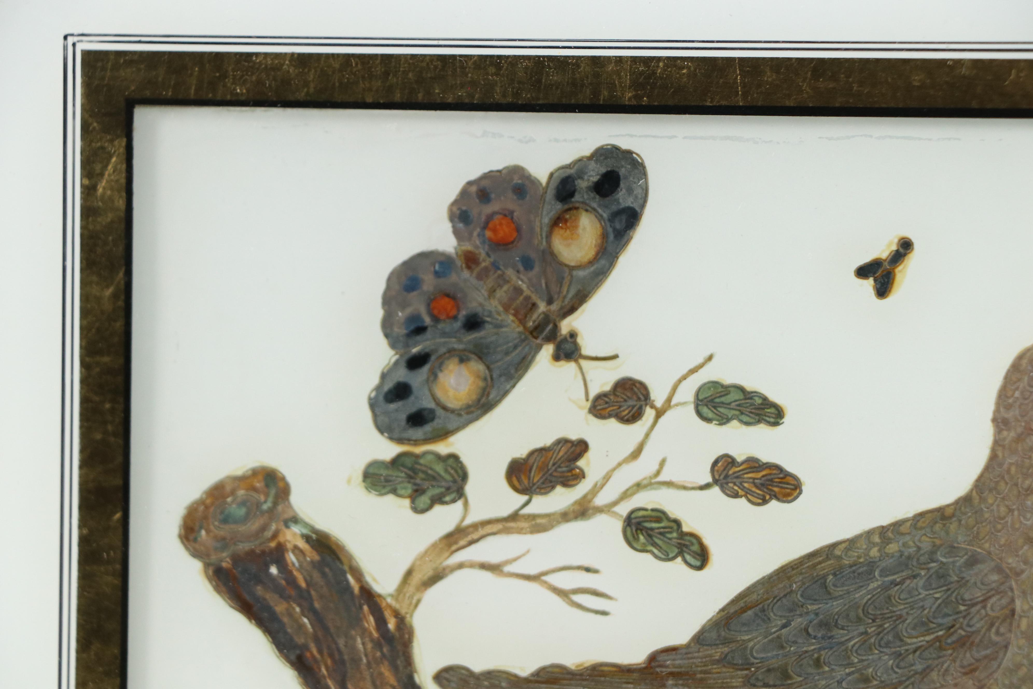 Reverse Glass Painting of Stylized Bird and Butterfly with Gold Tone Accents