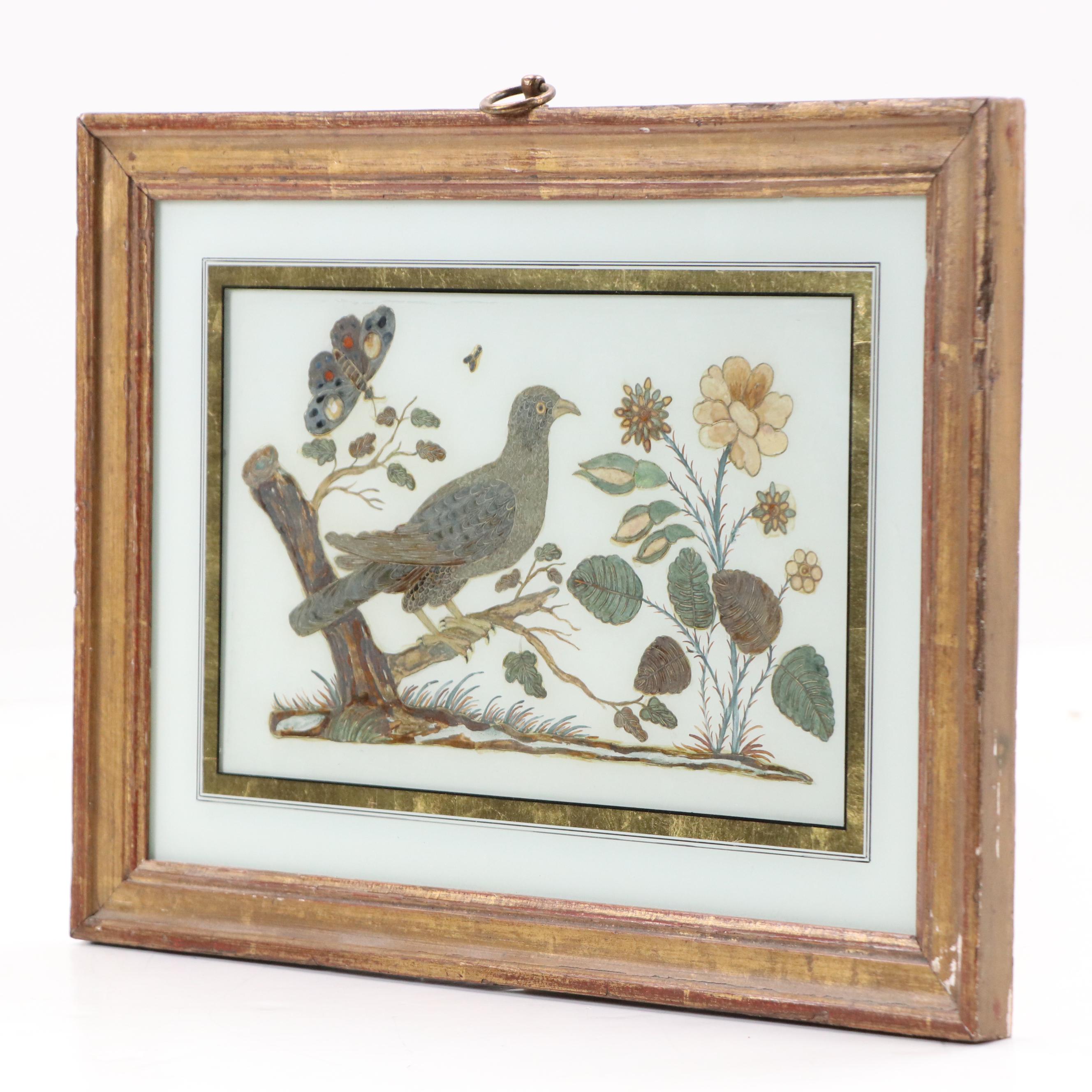 Reverse Glass Painting of Stylized Bird and Butterfly with Gold Tone Accents
