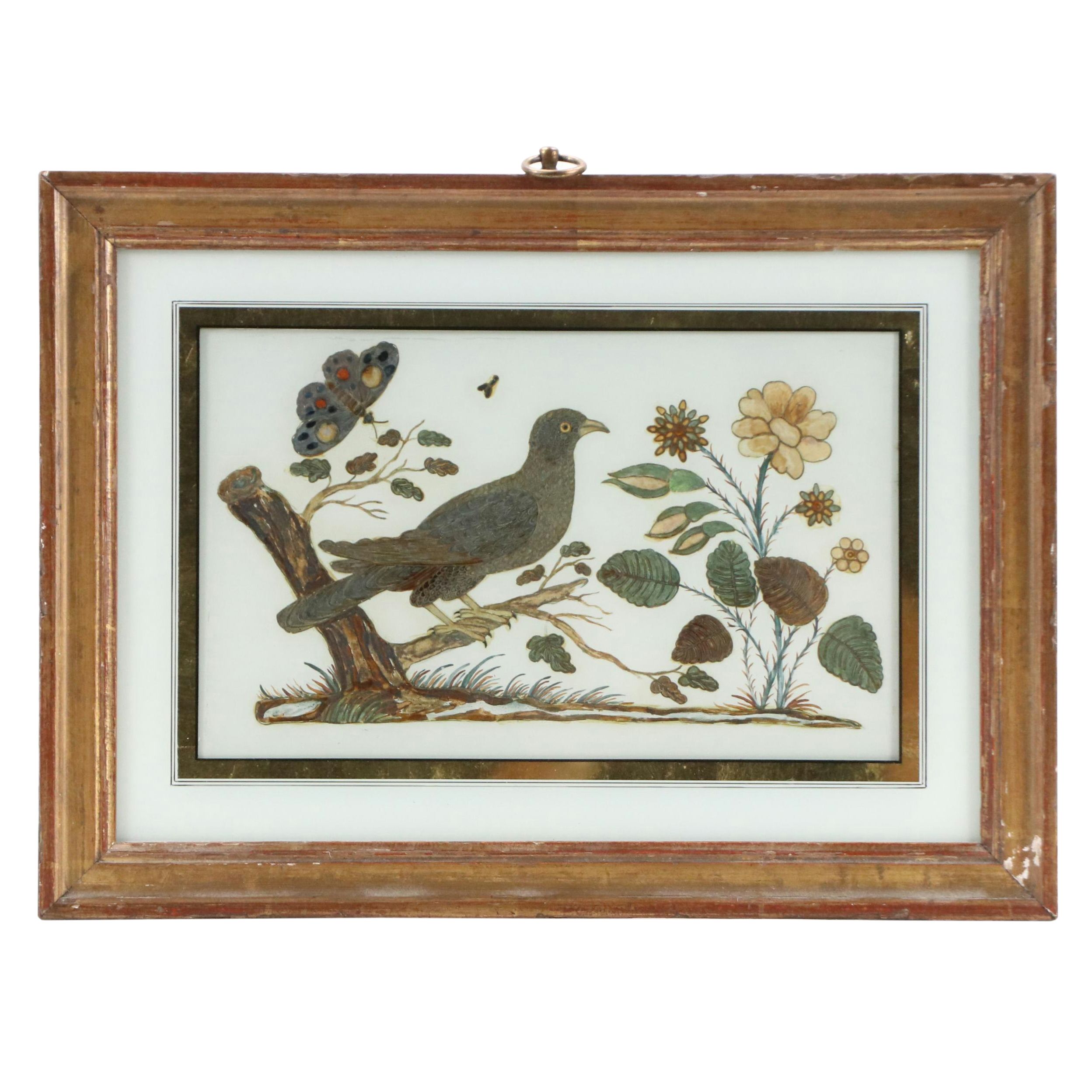 Reverse Glass Painting of Stylized Bird and Butterfly with Gold Tone Accents