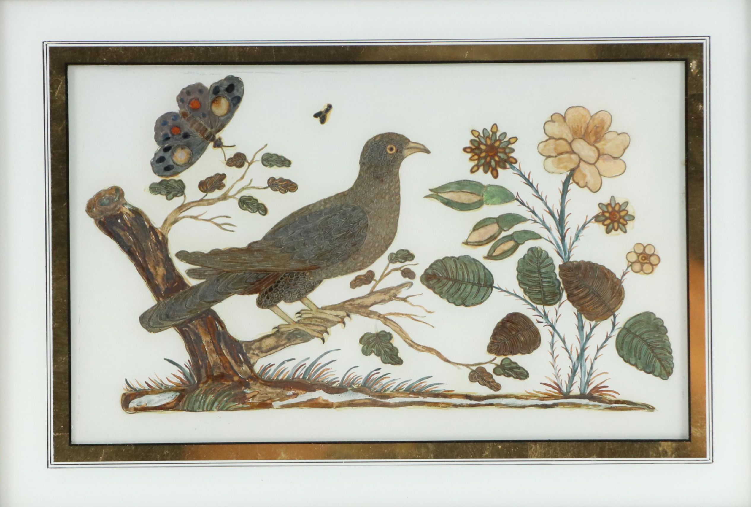 Reverse Glass Painting of Stylized Bird and Butterfly with Gold Tone Accents