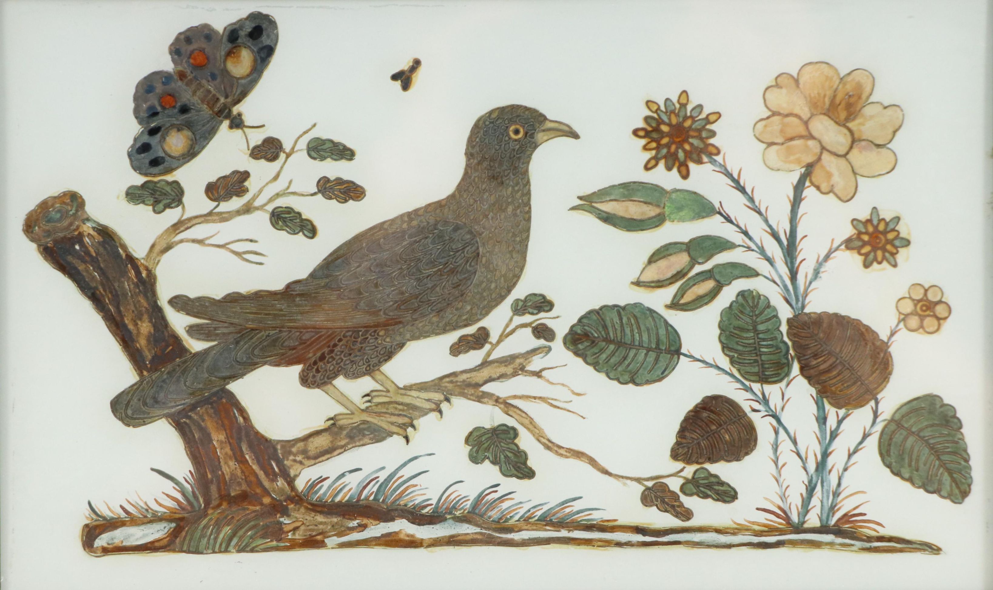 Reverse Glass Painting of Stylized Bird and Butterfly with Gold Tone Accents