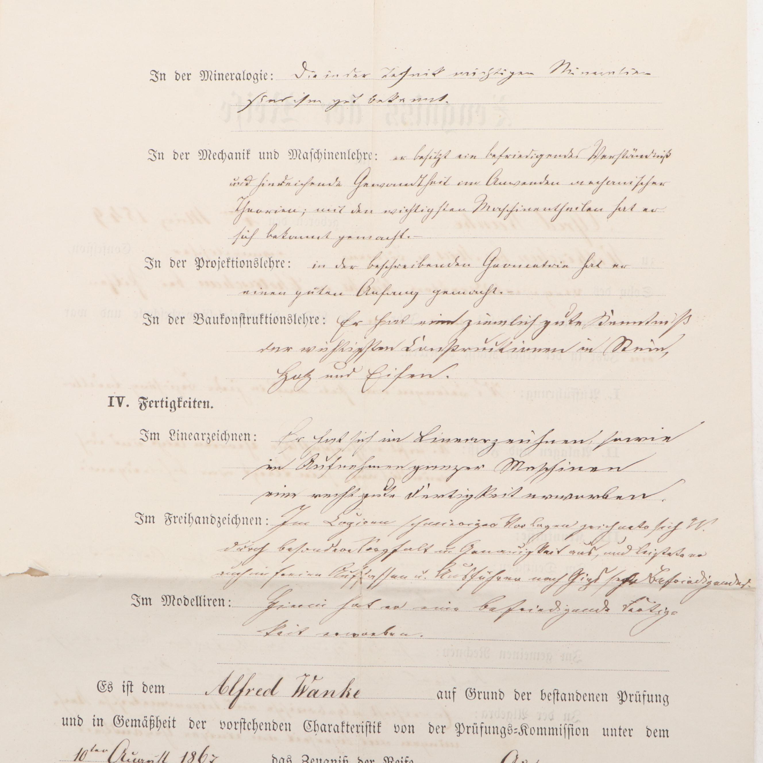 Prussian Provinzial-Gewerbeschule Academic Graduation Certificate, 1867