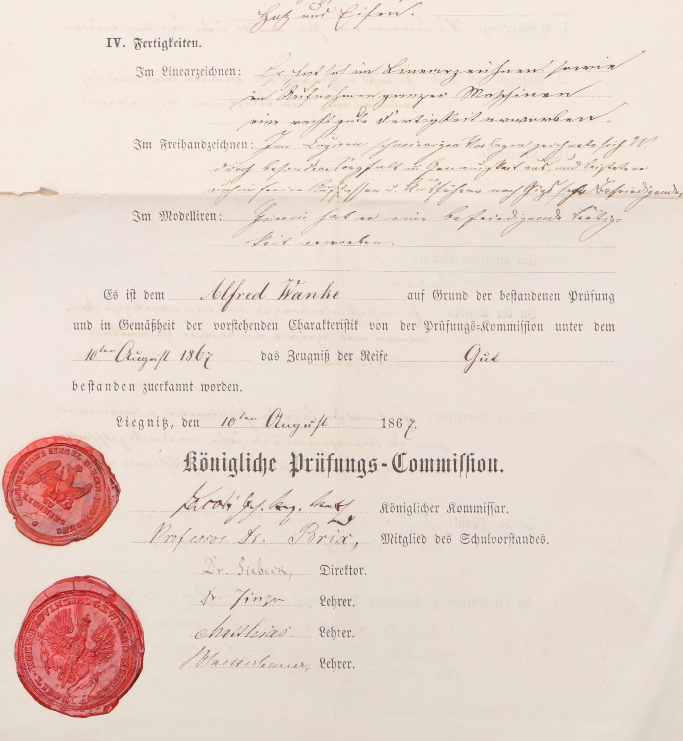 Prussian Provinzial-Gewerbeschule Academic Graduation Certificate, 1867