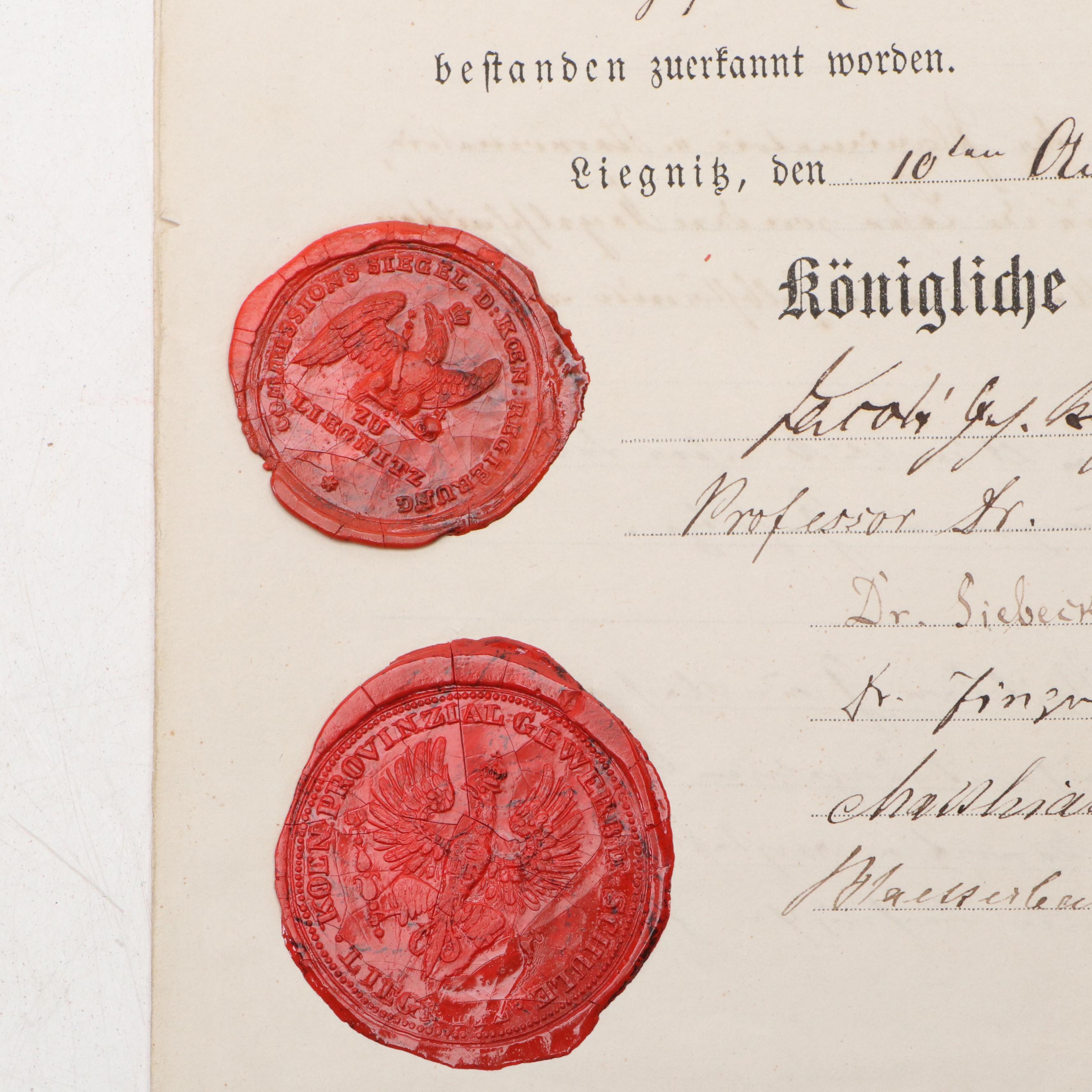 Prussian Provinzial-Gewerbeschule Academic Graduation Certificate, 1867